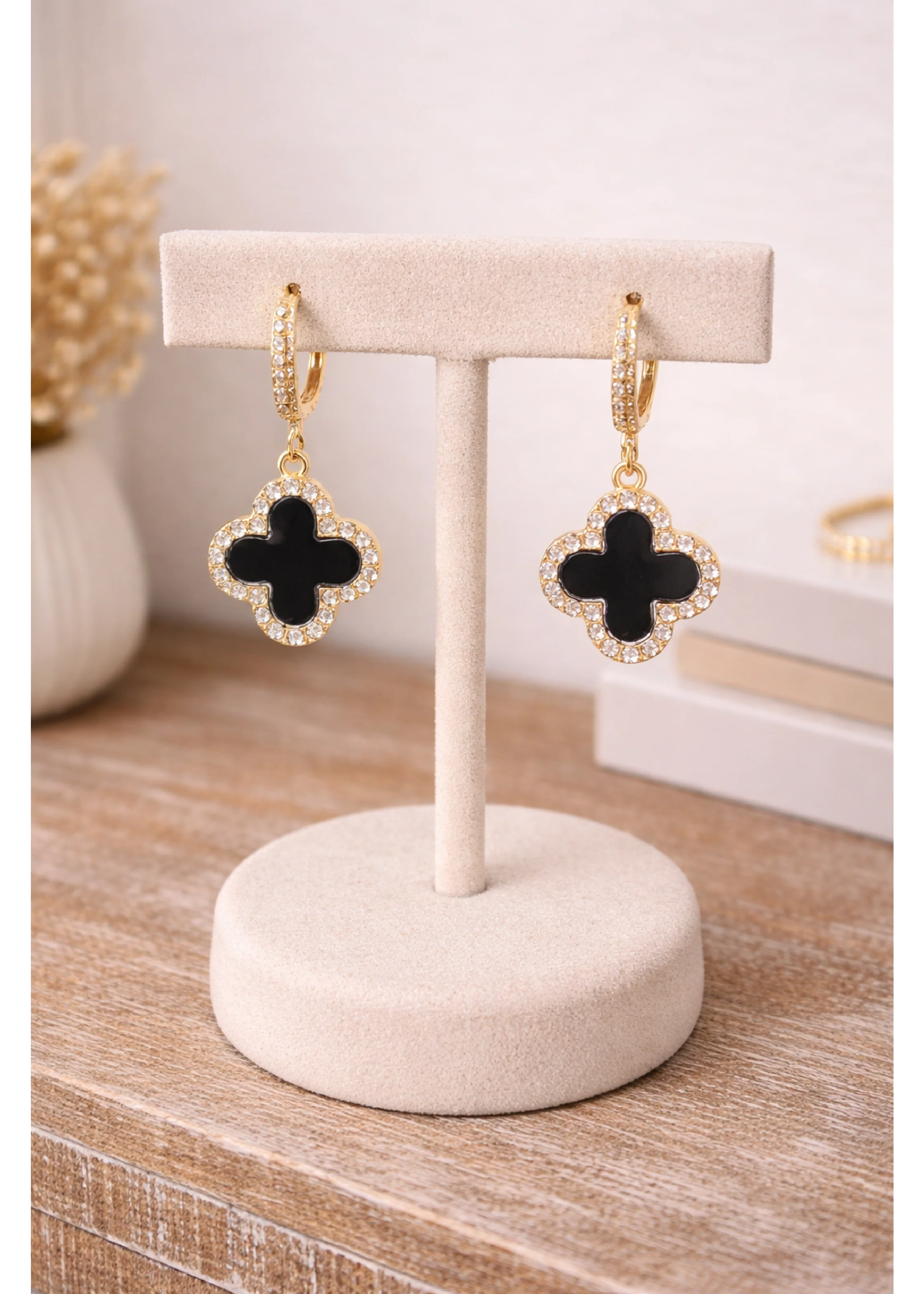 Agnese Black Flower Hoop Gold Earrings