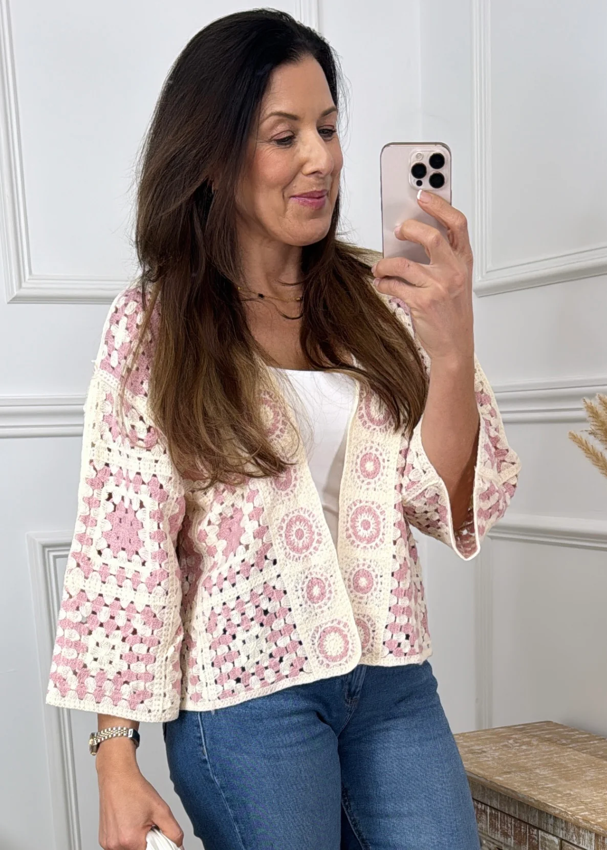 Avril Pink Crochet Knit Cardigan