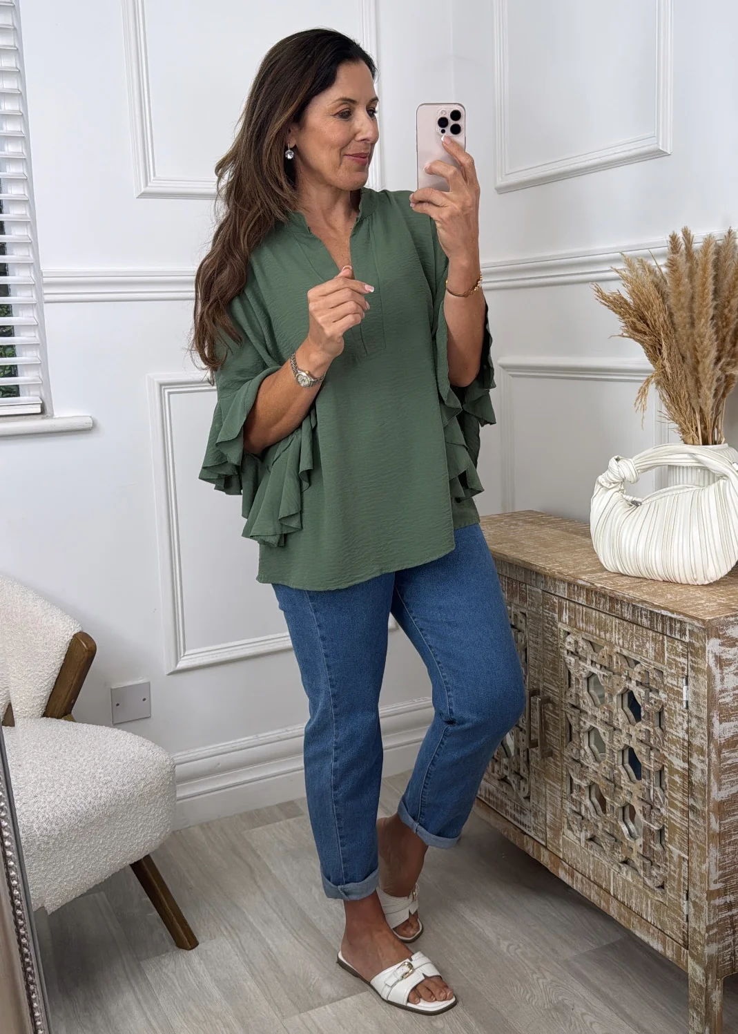 Ayda Khaki Ruffle Sleeve Top - Image 3