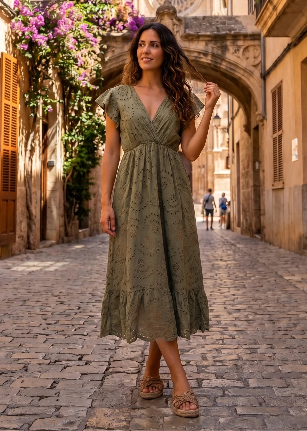 Beatrix Khaki Embroidered Eyelet Cotton Dress - Image 3