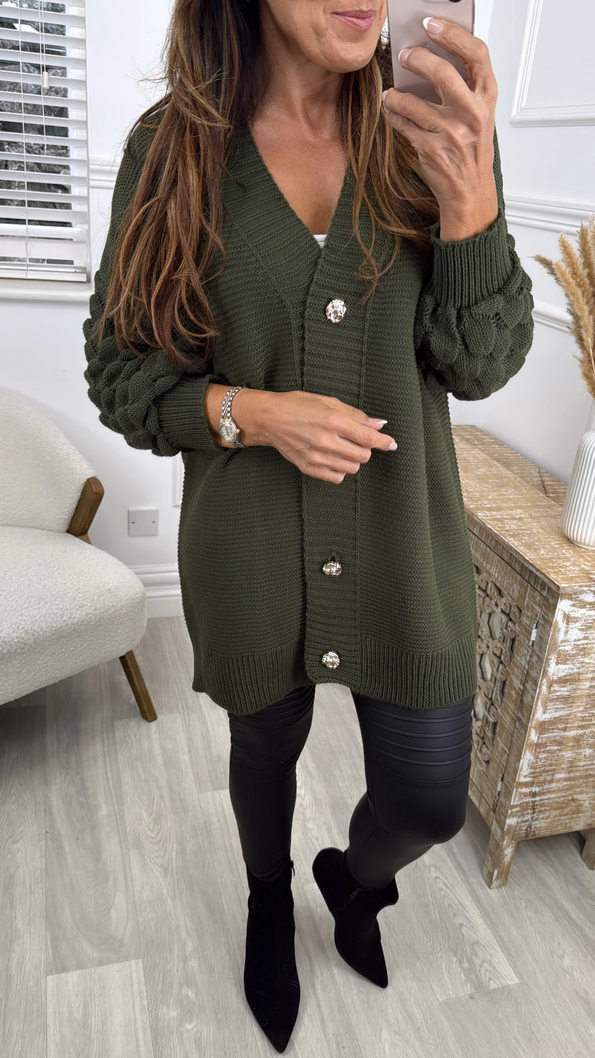 Blair Khaki Bubble Sleeve Cardigan - Image 3