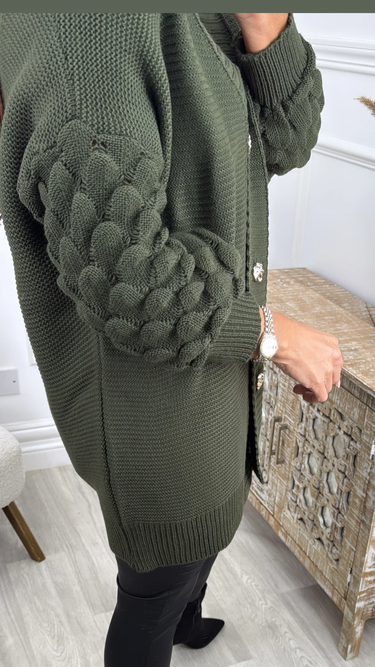 Blair Khaki Bubble Sleeve Cardigan - Image 5
