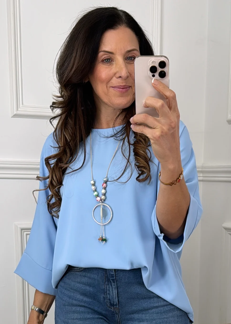 Brenna Blue Flowing Blouse With Necklace