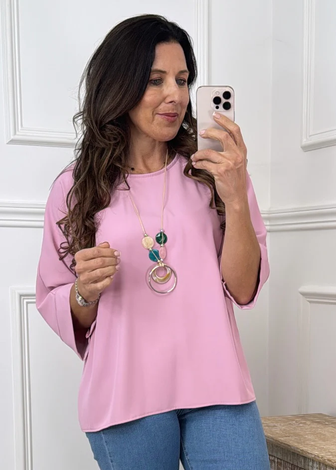 Brenna Dusty Pink Flowing Blouse With Necklace