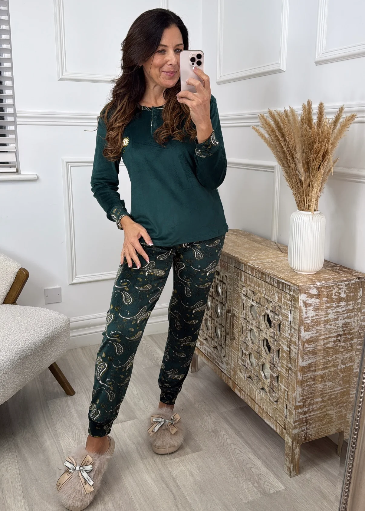 Bristol Green Paisley Print Velour Pajama