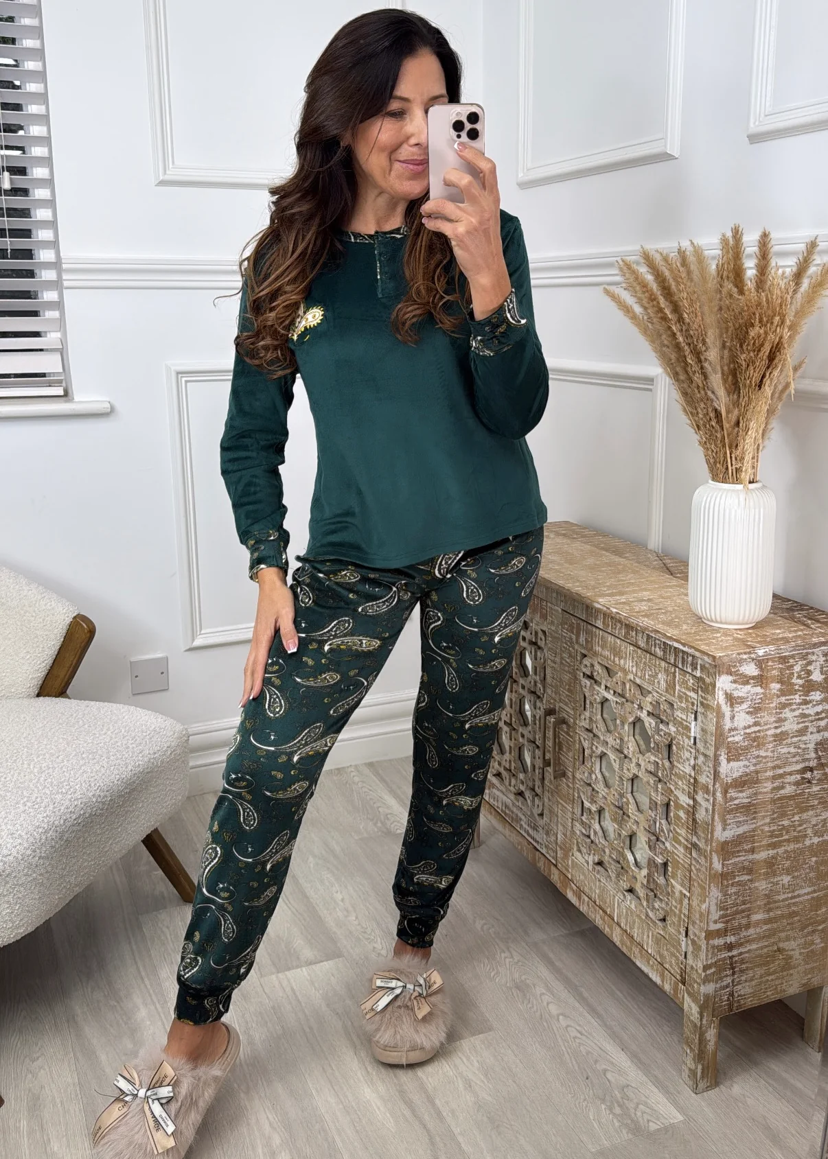 Bristol Green Paisley Print Velour Pajama - Image 2