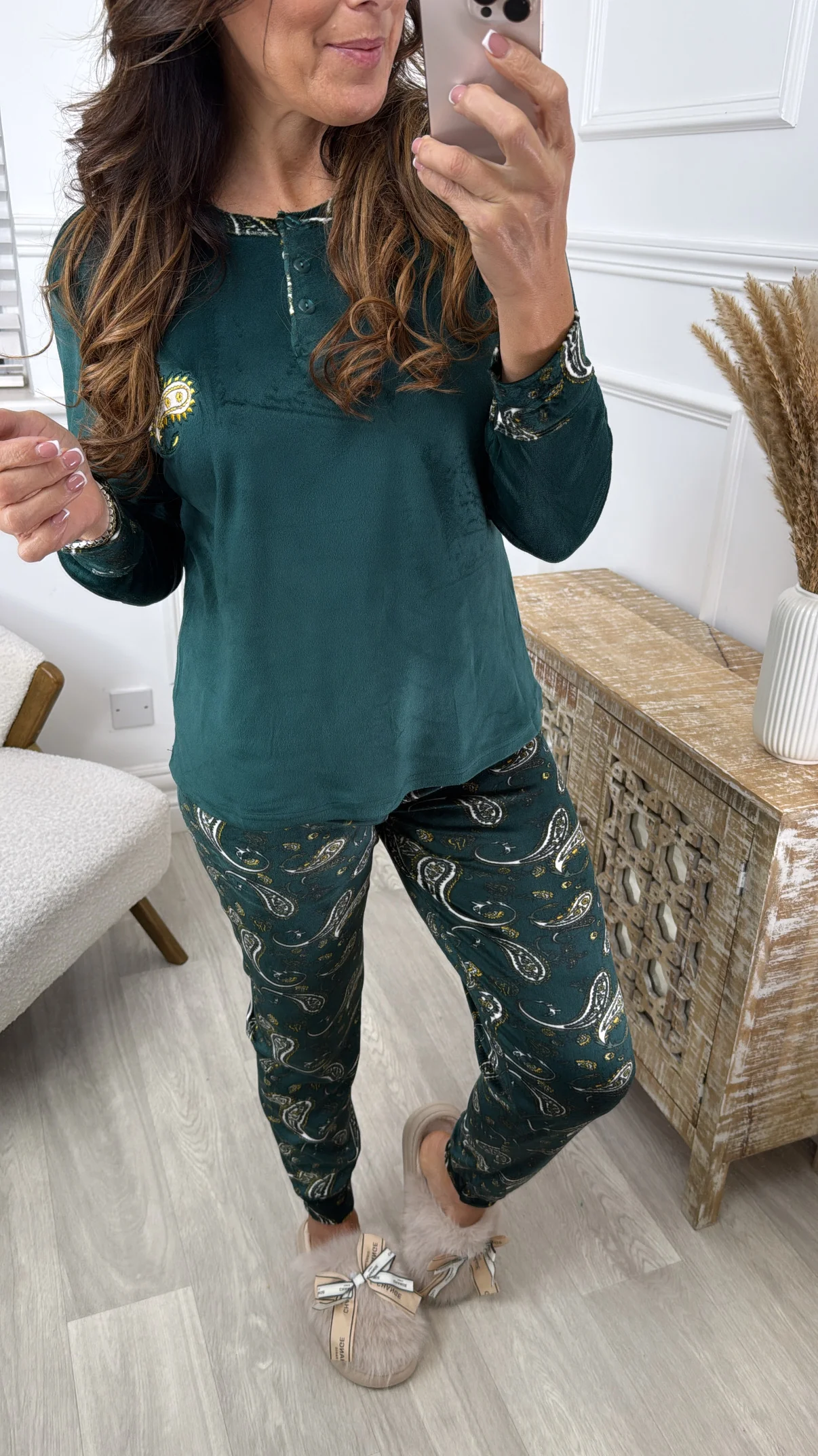 Bristol Green Paisley Print Velour Pajama - Image 3