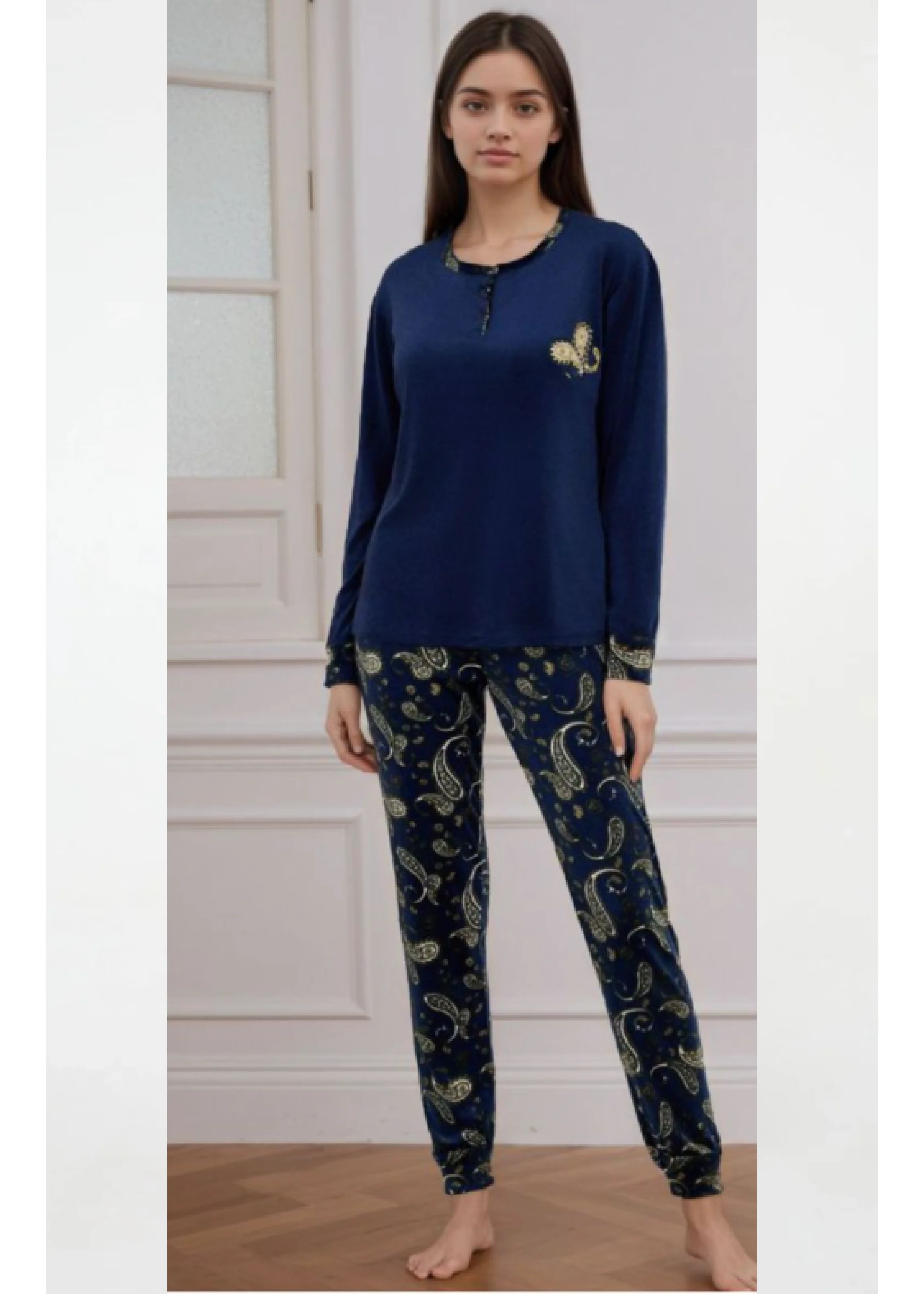 Bristol Navy Paisley Print Velour Pajama - Image 3