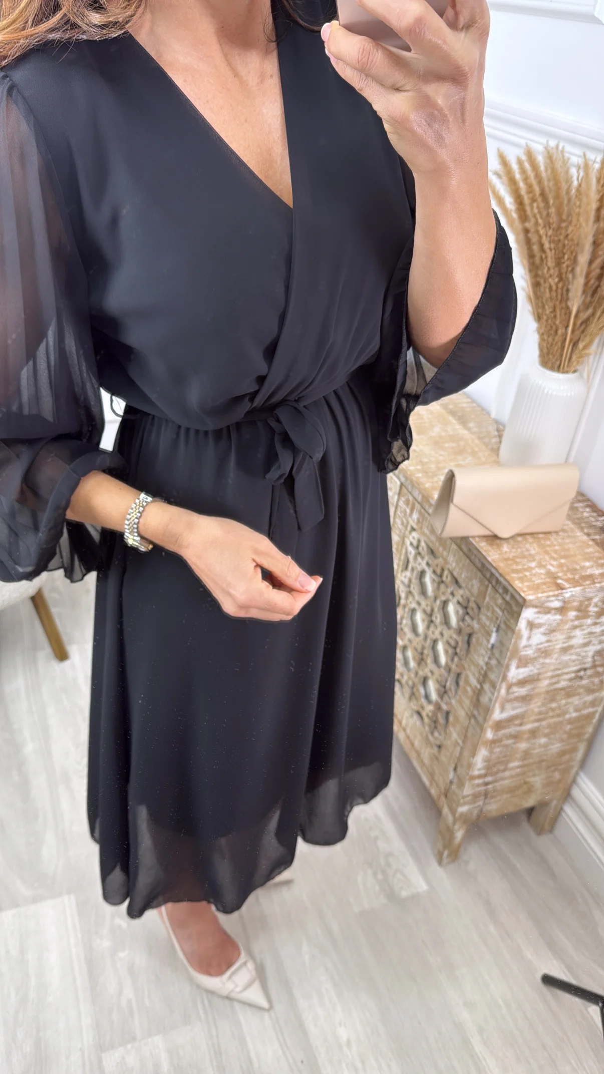 Cher Black Pleated Sleeve Wrap Dress - Image 3