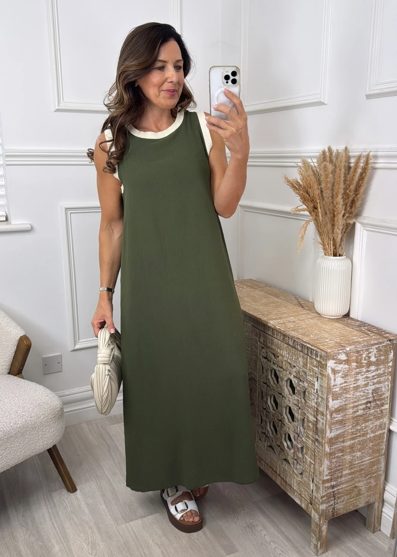 Dion Khaki Dress With Cream Trim - Image 2