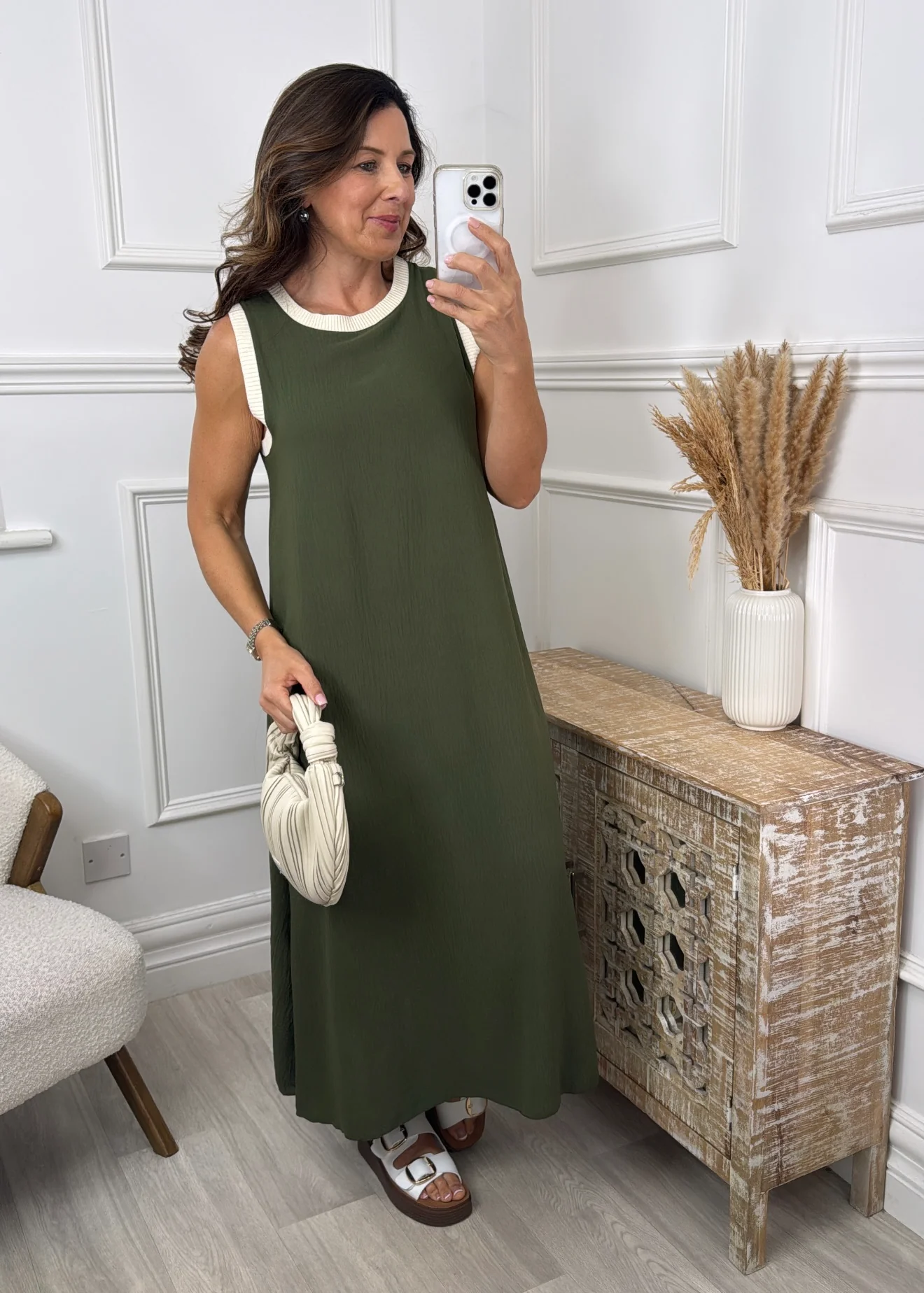 Dion Khaki Dress With Cream Trim - Image 3