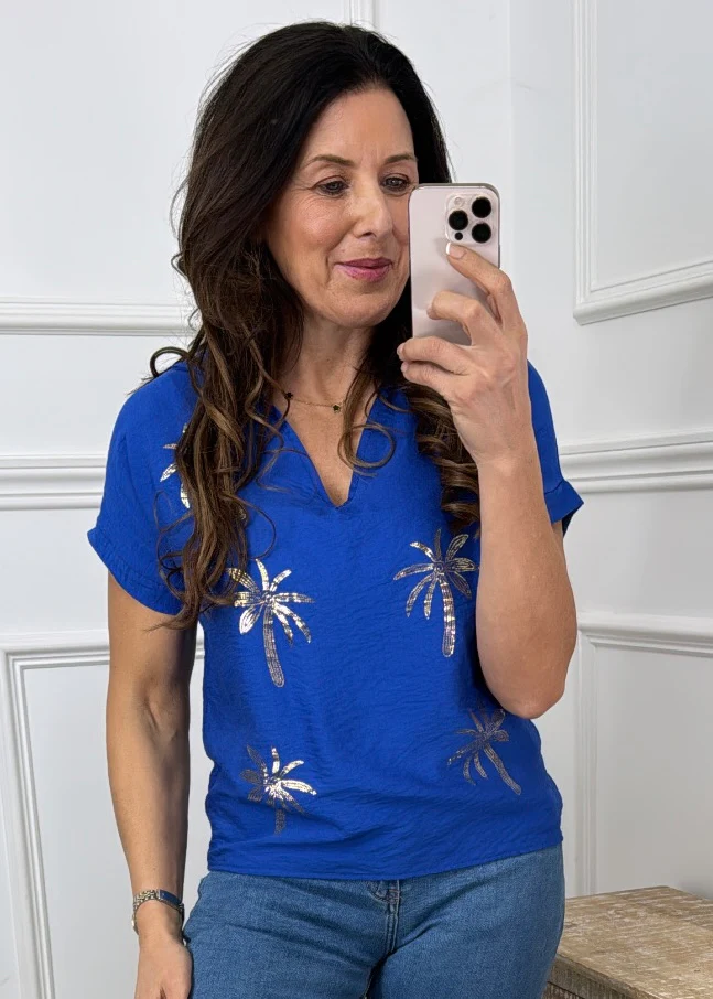 Fergy Blue Palm Print Top