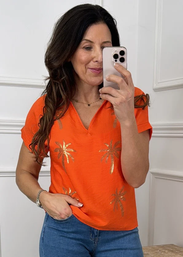Fergy Orange Palm Print Top
