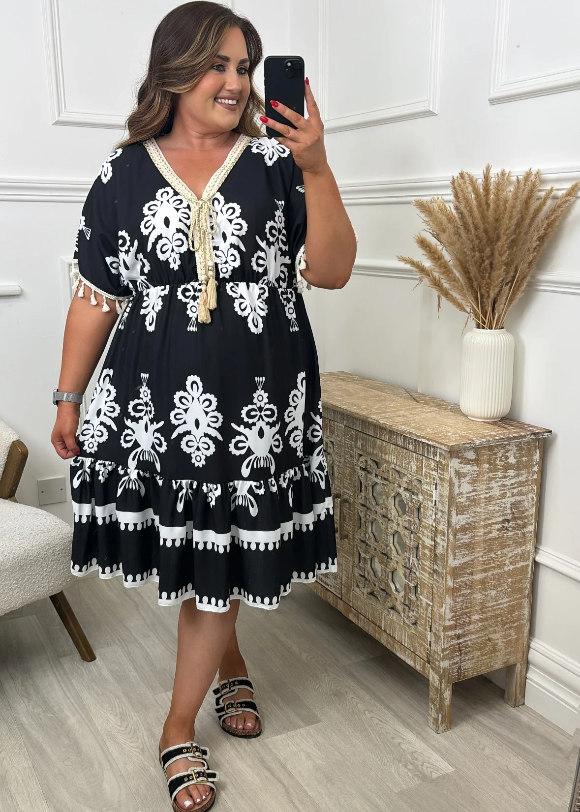 Ginny Black Ethnic Print Caftan Dress - Image 3