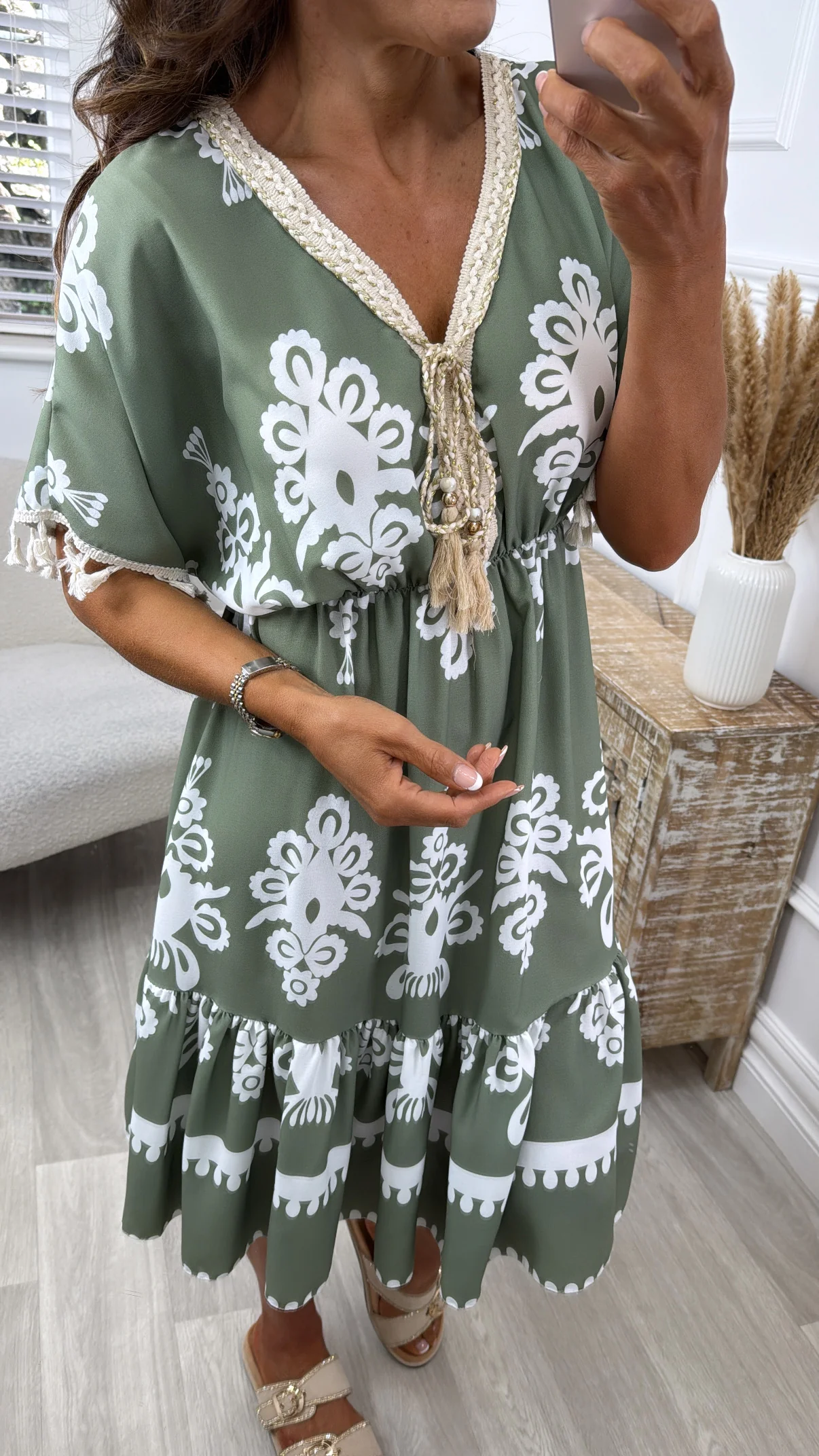Ginny Khaki Ethnic Print Caftan Dress - Image 4