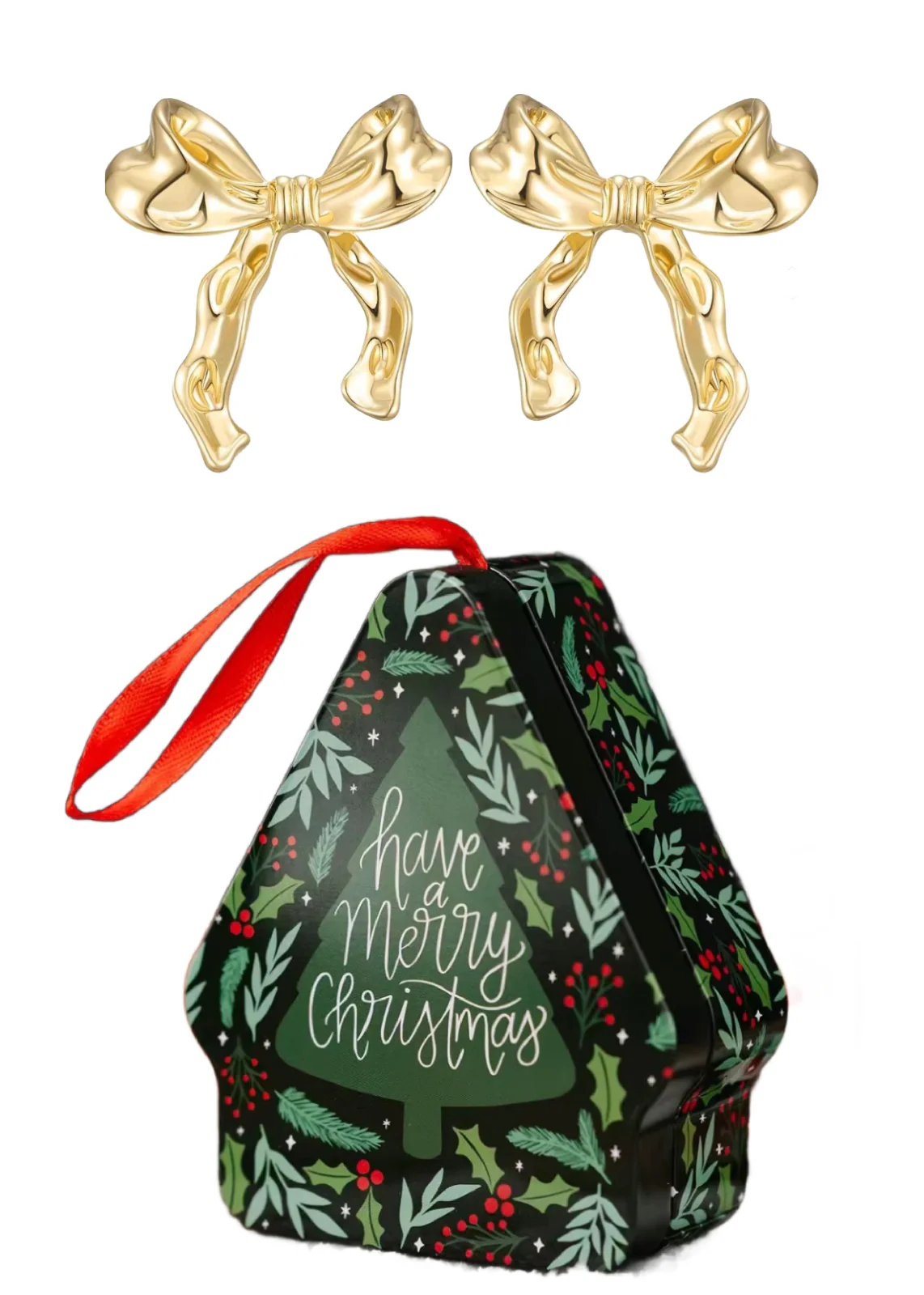 Gold Bow Earrings Christmas Ornament Tin