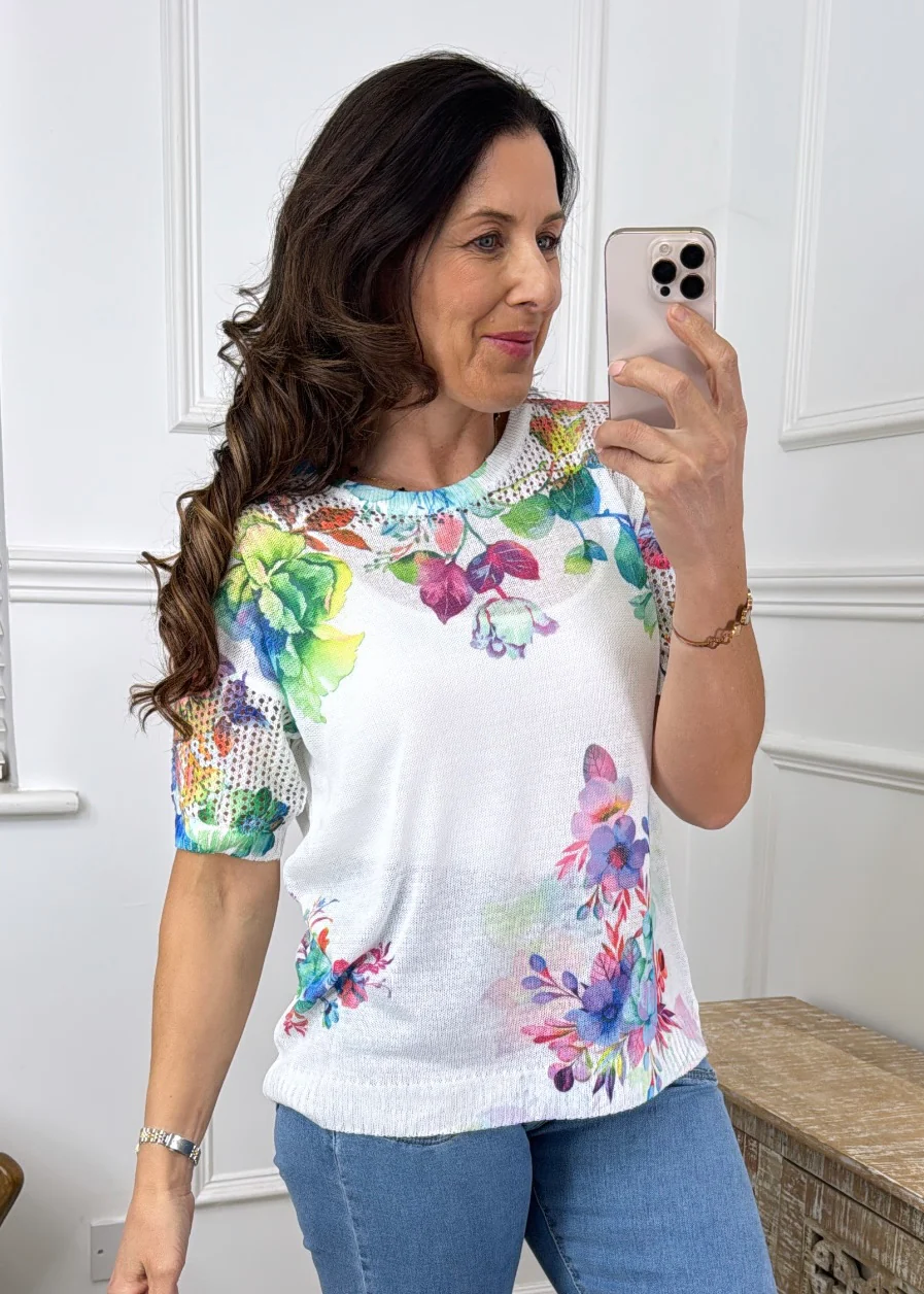 Imelda White Mesh Sleeve Floral Top