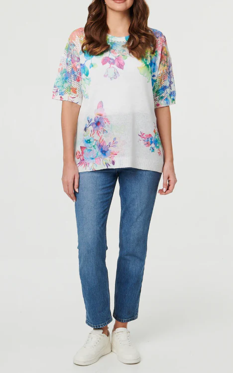 Imelda White Mesh Sleeve Floral Top - Image 7