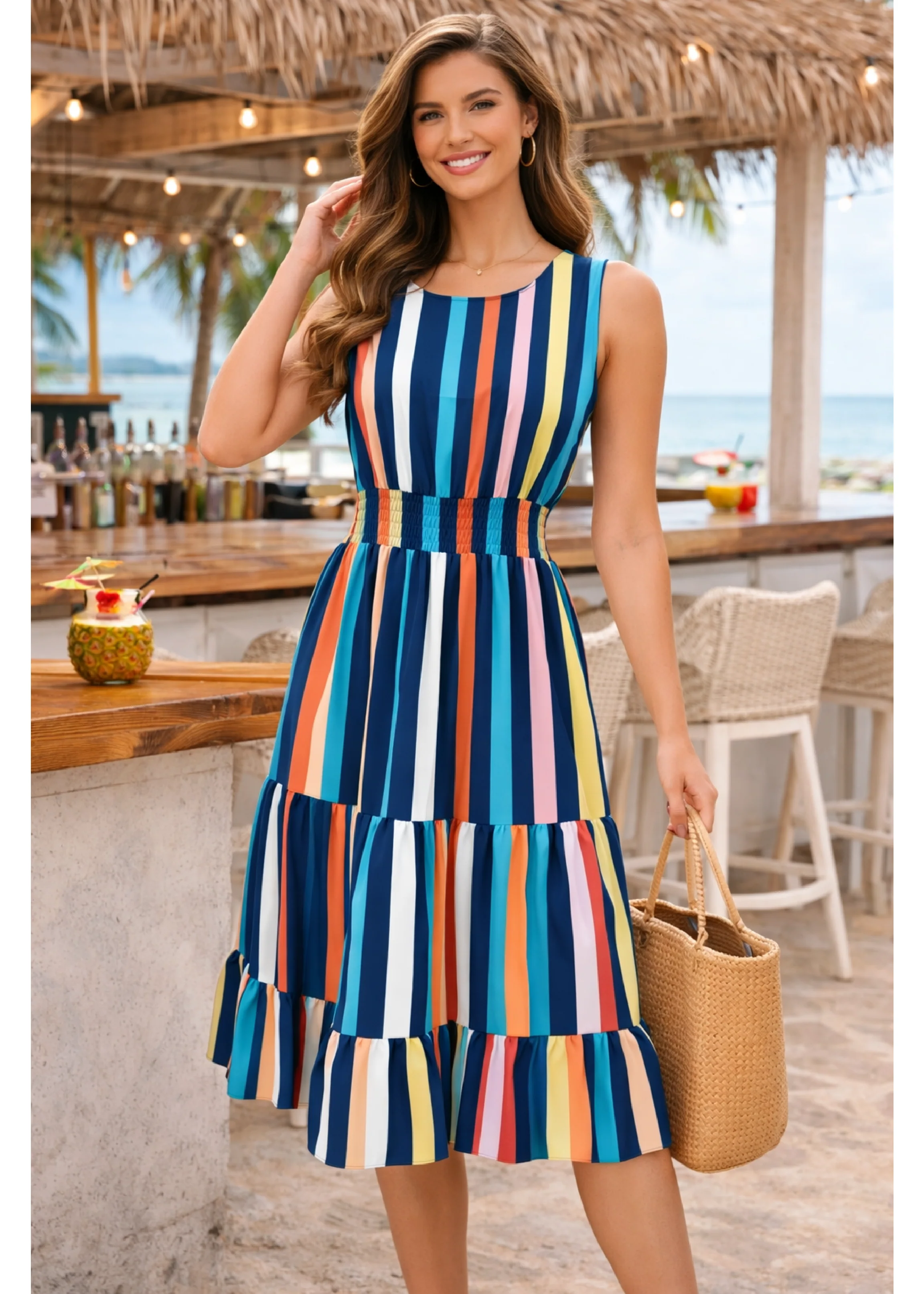 Jaclyn Navy Striped Tiered Midi Dress - Image 3