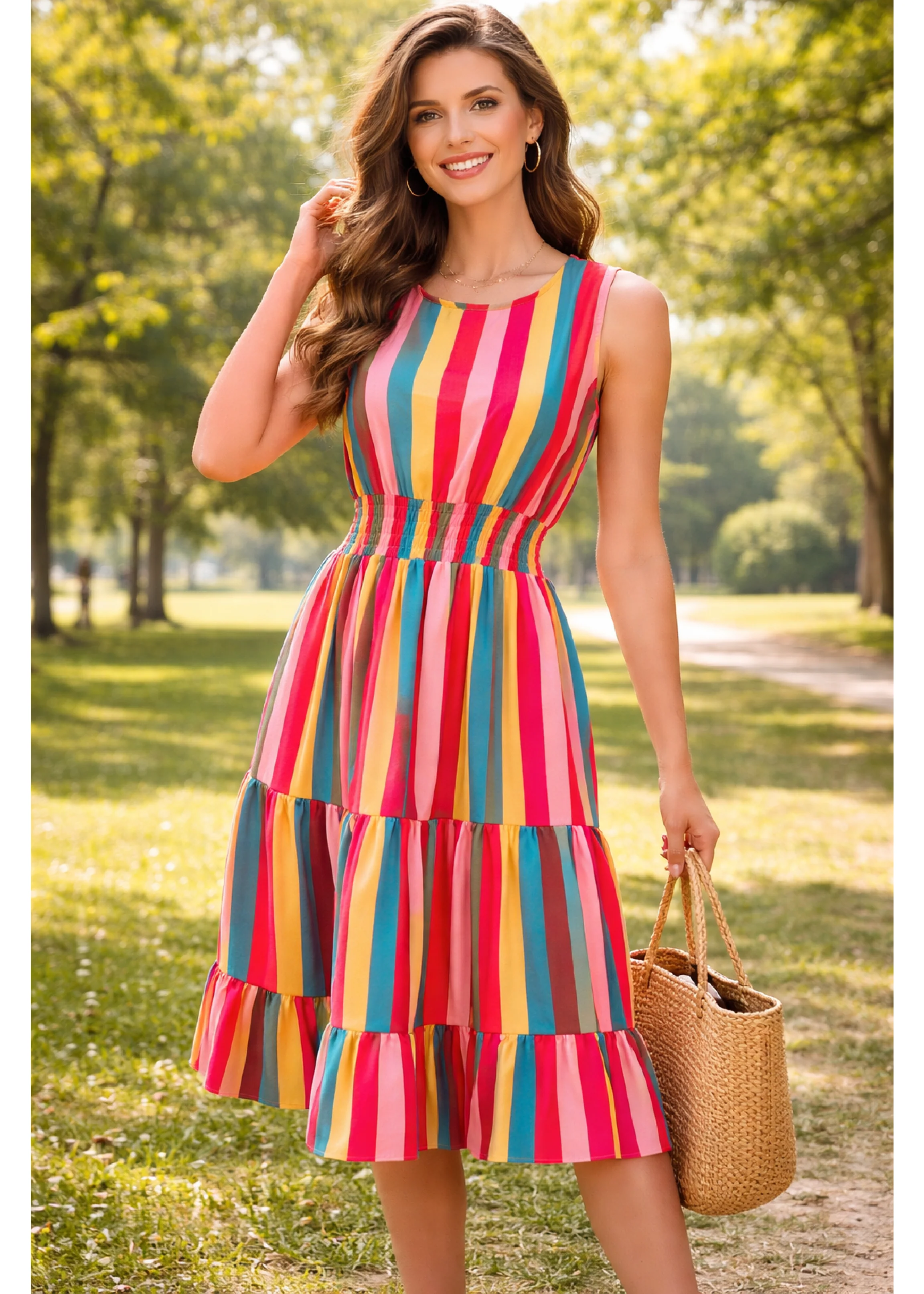 Jaclyn Red Striped Tiered Midi Dress - Image 3