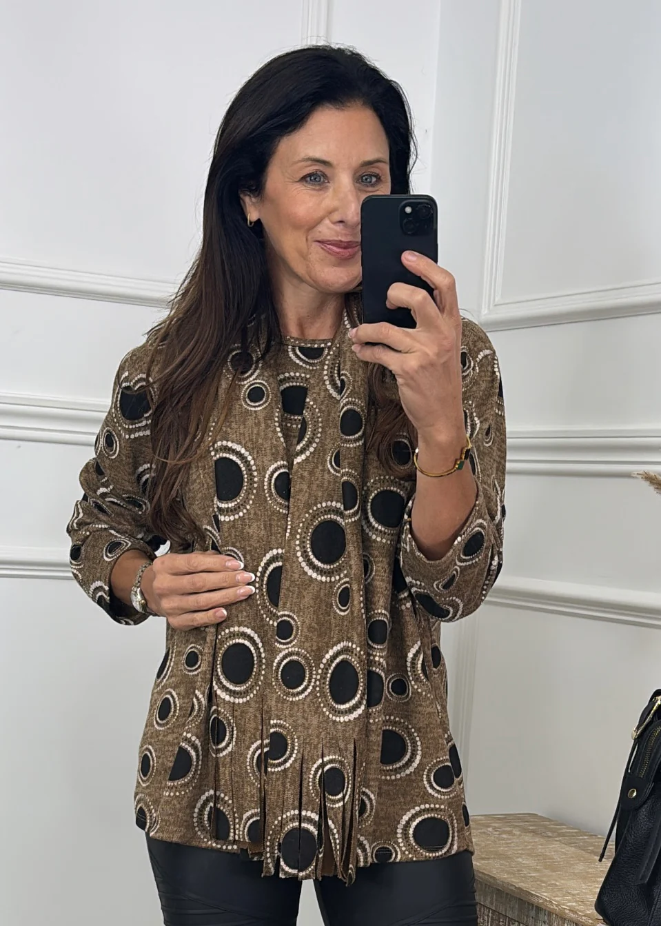 Jane Camel Circle Print Top with Scarf