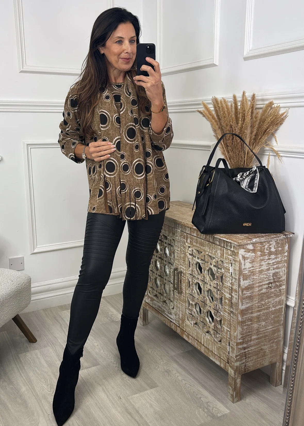 Jane Camel Circle Print Top with Scarf - Image 4