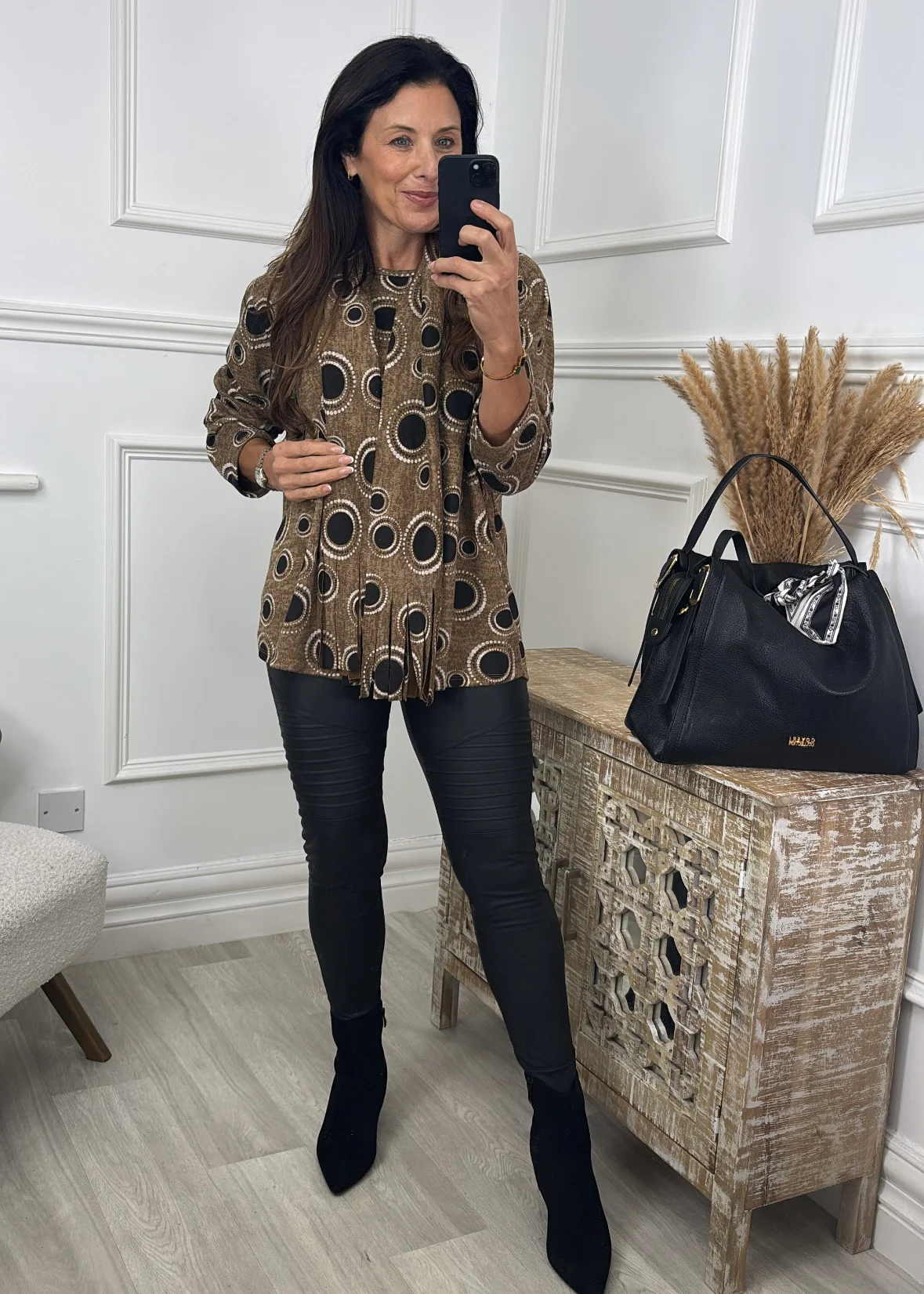 Jane Camel Circle Print Top with Scarf - Image 6