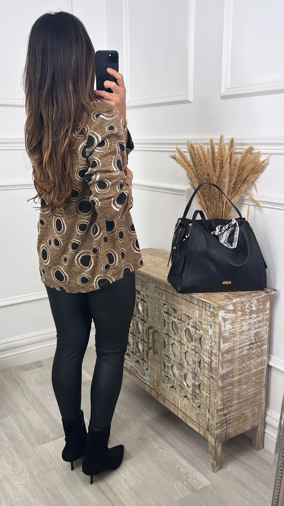 Jane Camel Circle Print Top with Scarf - Image 7