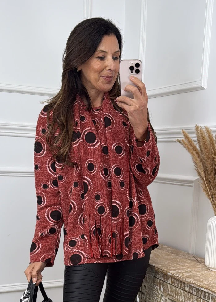Jane Rust Circle Print Top with Scarf