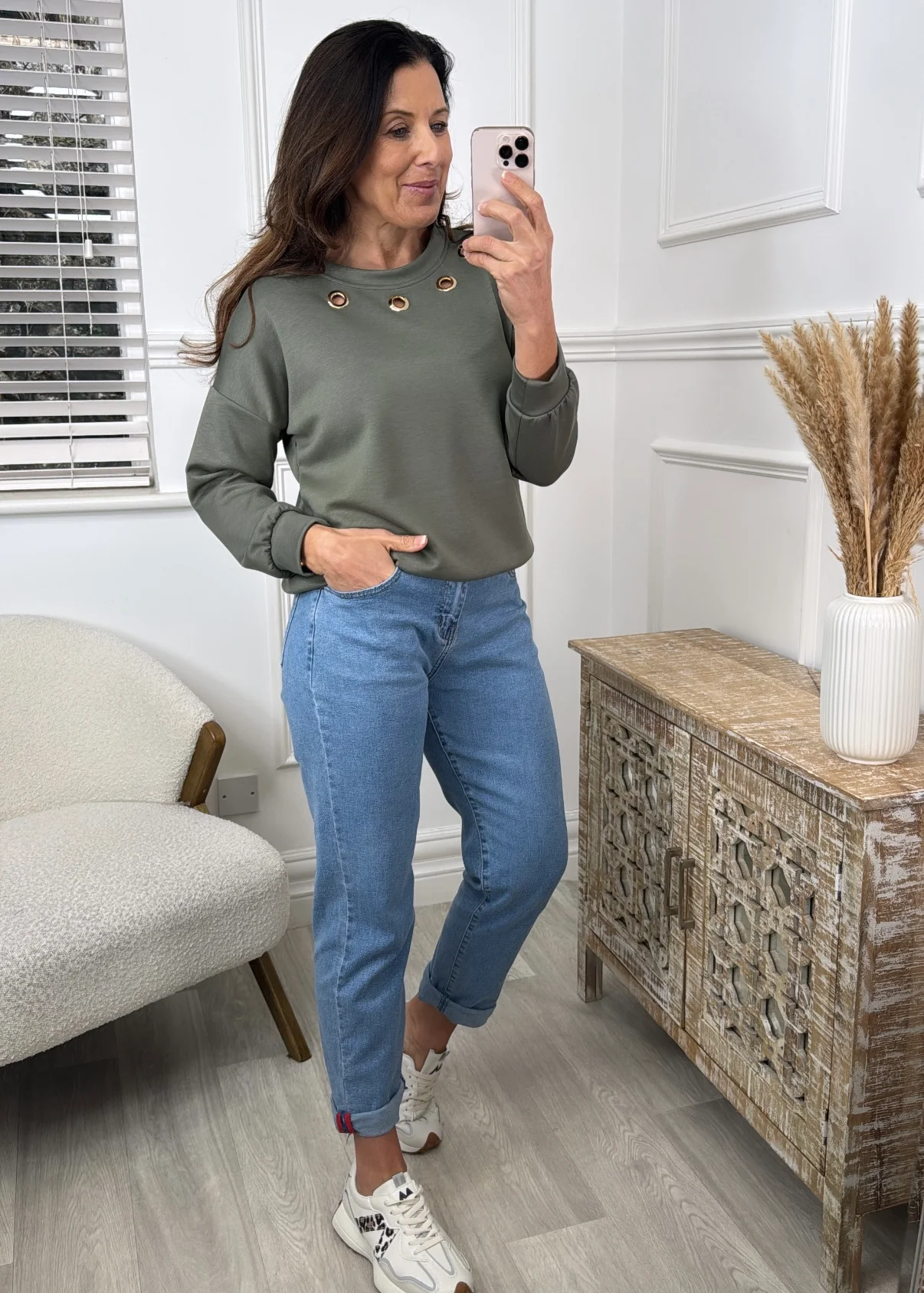 Katie Khaki Gold Eyelet Sweatshirt - Image 6