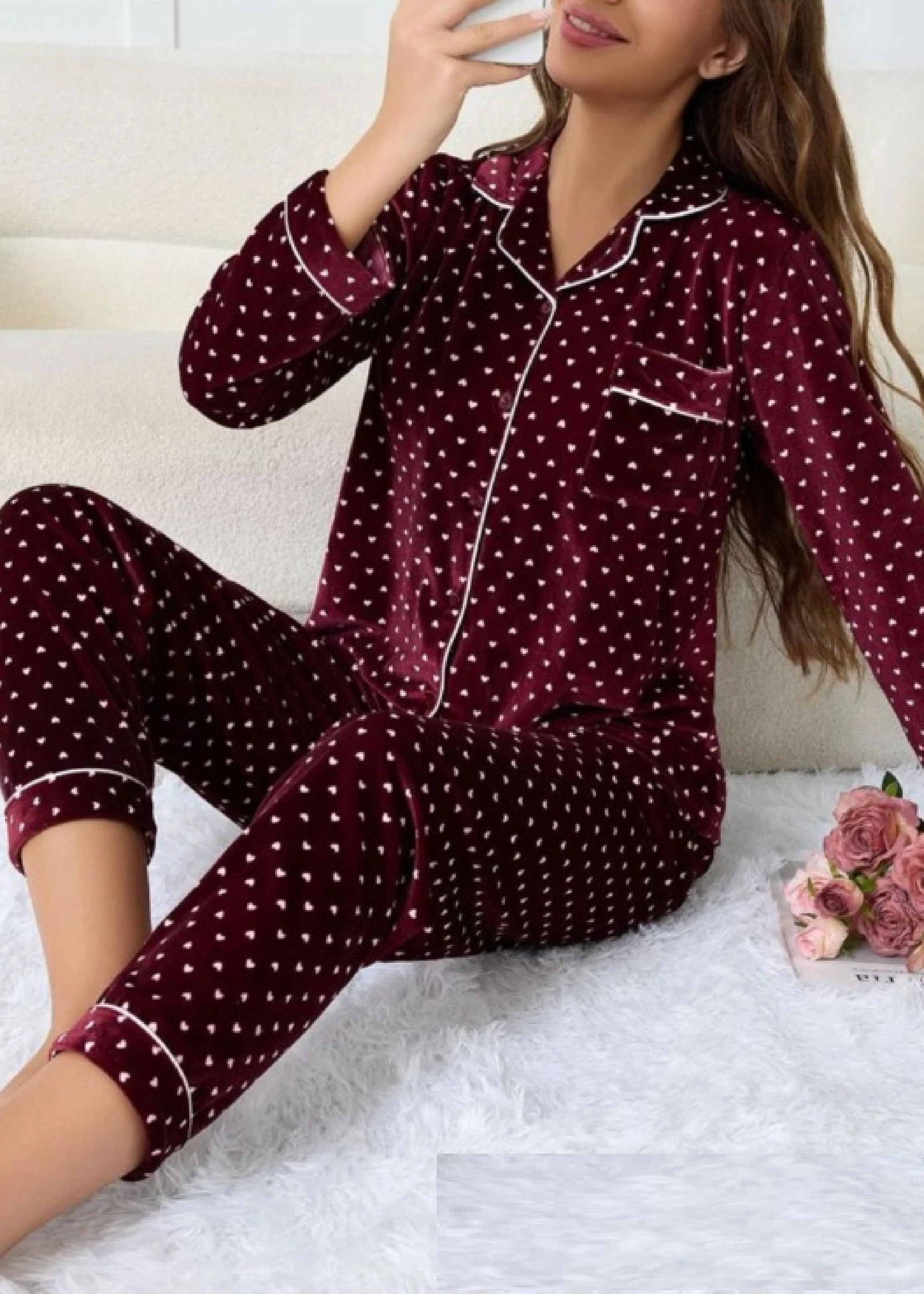 Lilah Wine Heart Print Velour Pajama