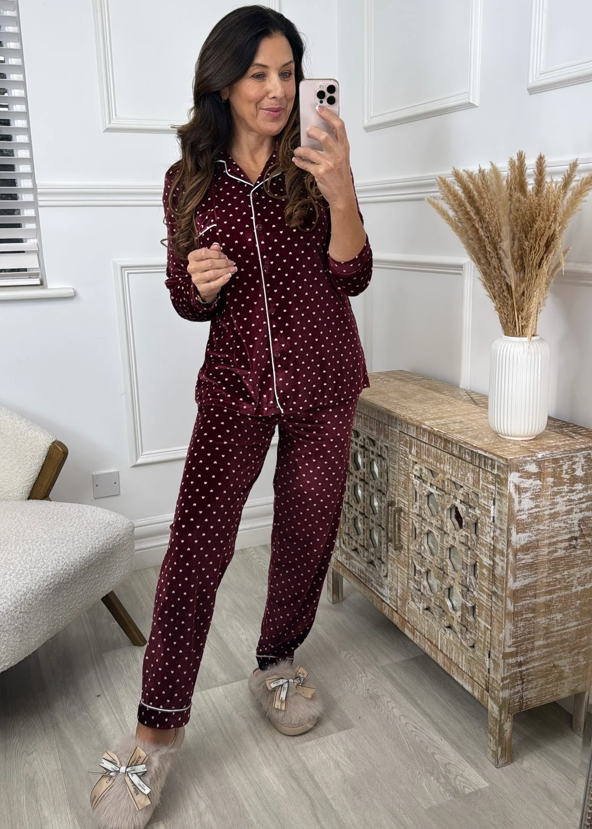 Lilah Wine Heart Print Velour Pajama - Image 4