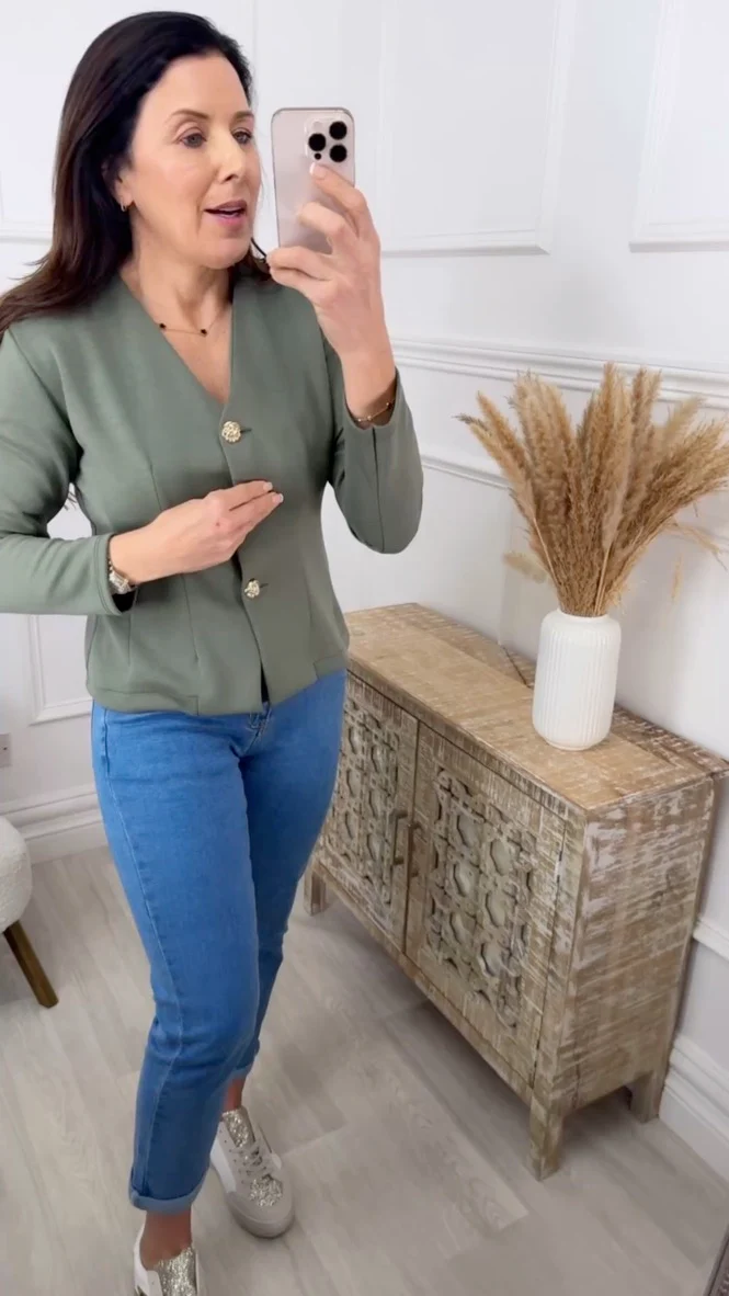Lilit Khaki Gold Button Cardigan - Image 4
