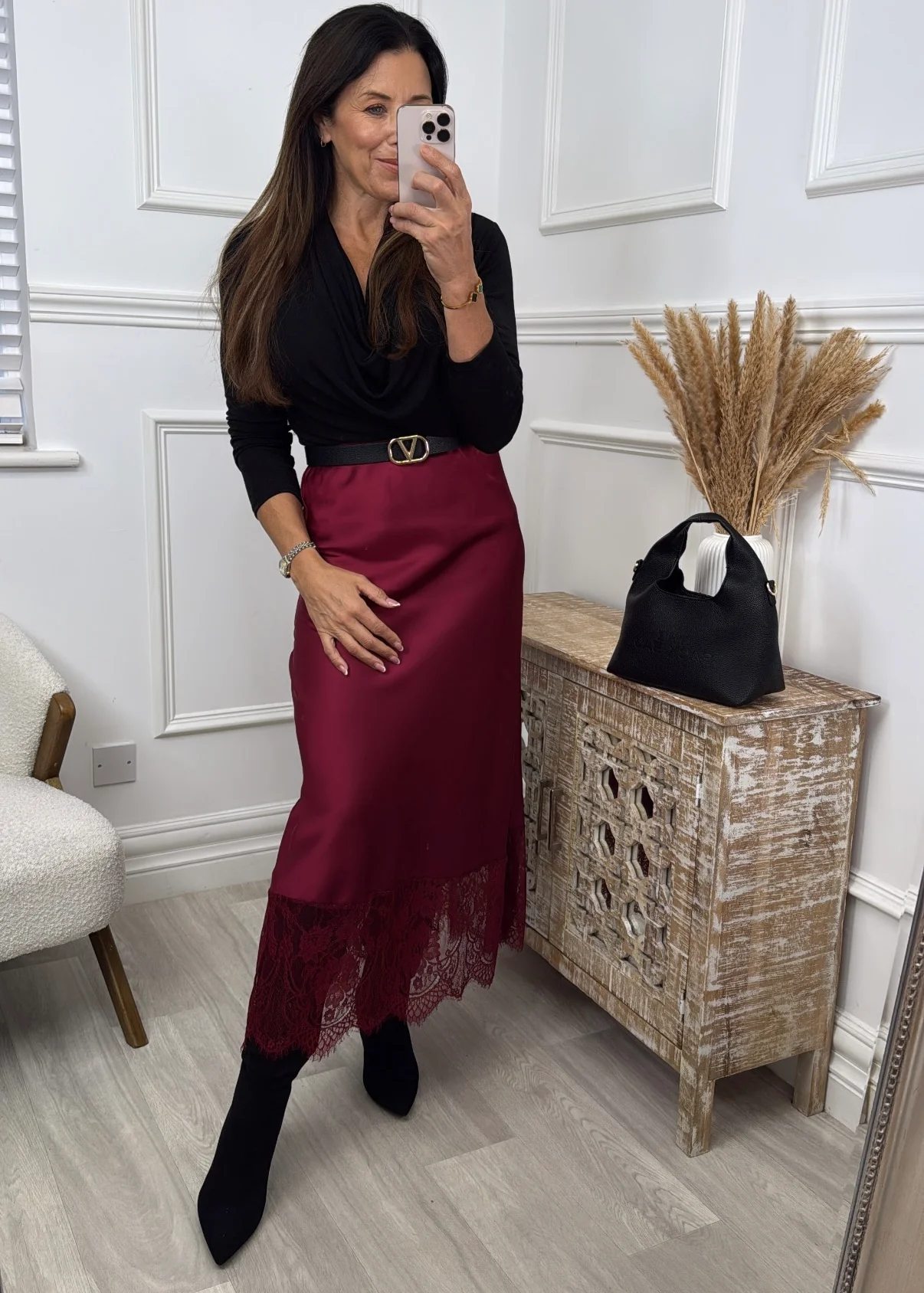 Linsey Wine Lace Trim Satin Skirt - Image 2