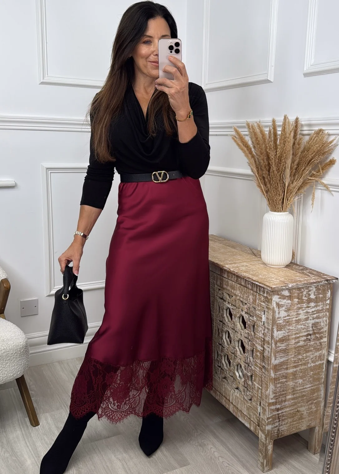 Linsey Wine Lace Trim Satin Skirt - Image 3
