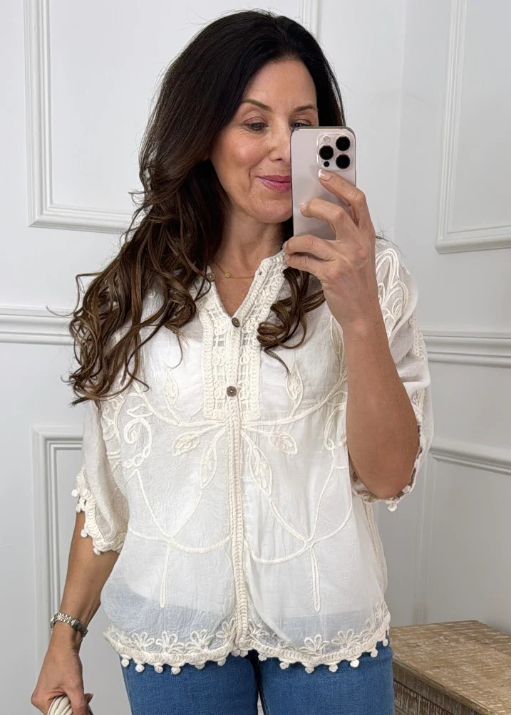 Livorno Beige Broderie Blouse - Image 2