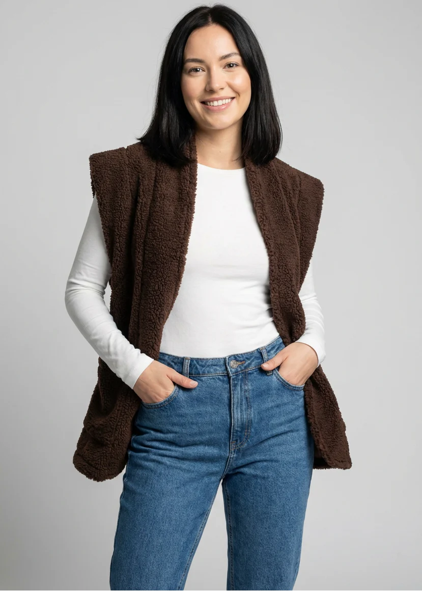 Mariosa Brown Faux Sherpa Waistcoat - Image 4