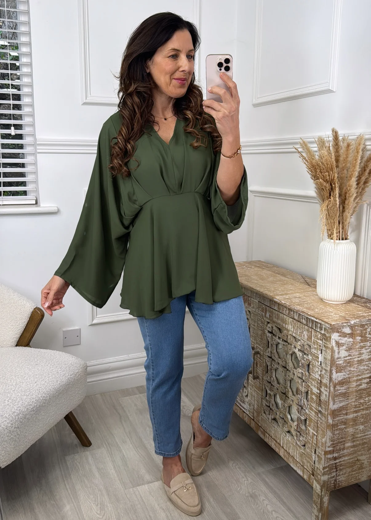 Marissa Khaki Cape Sleeve Blouse - Image 2