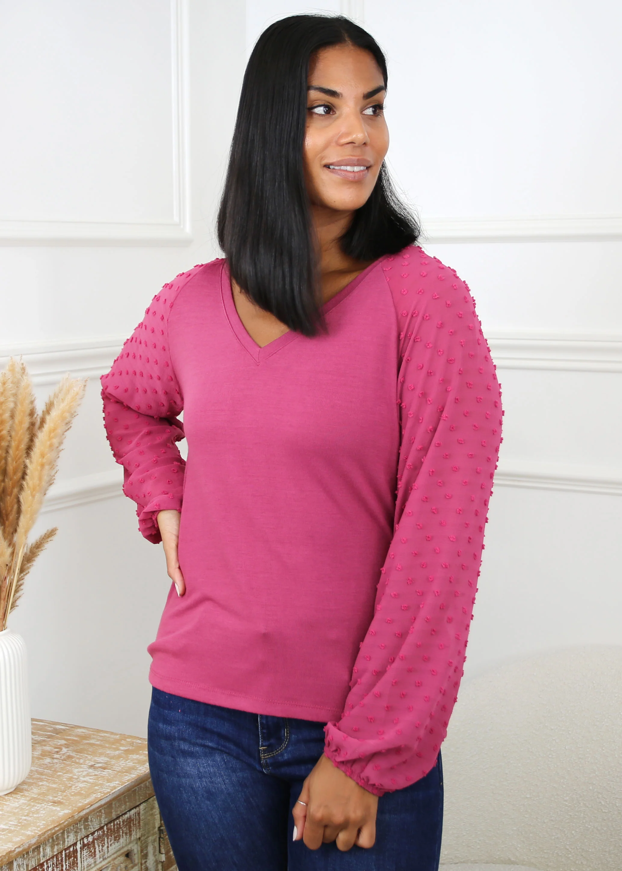 Marlie Rose Wine Swiss Dot Sleeve Blouse - Image 5