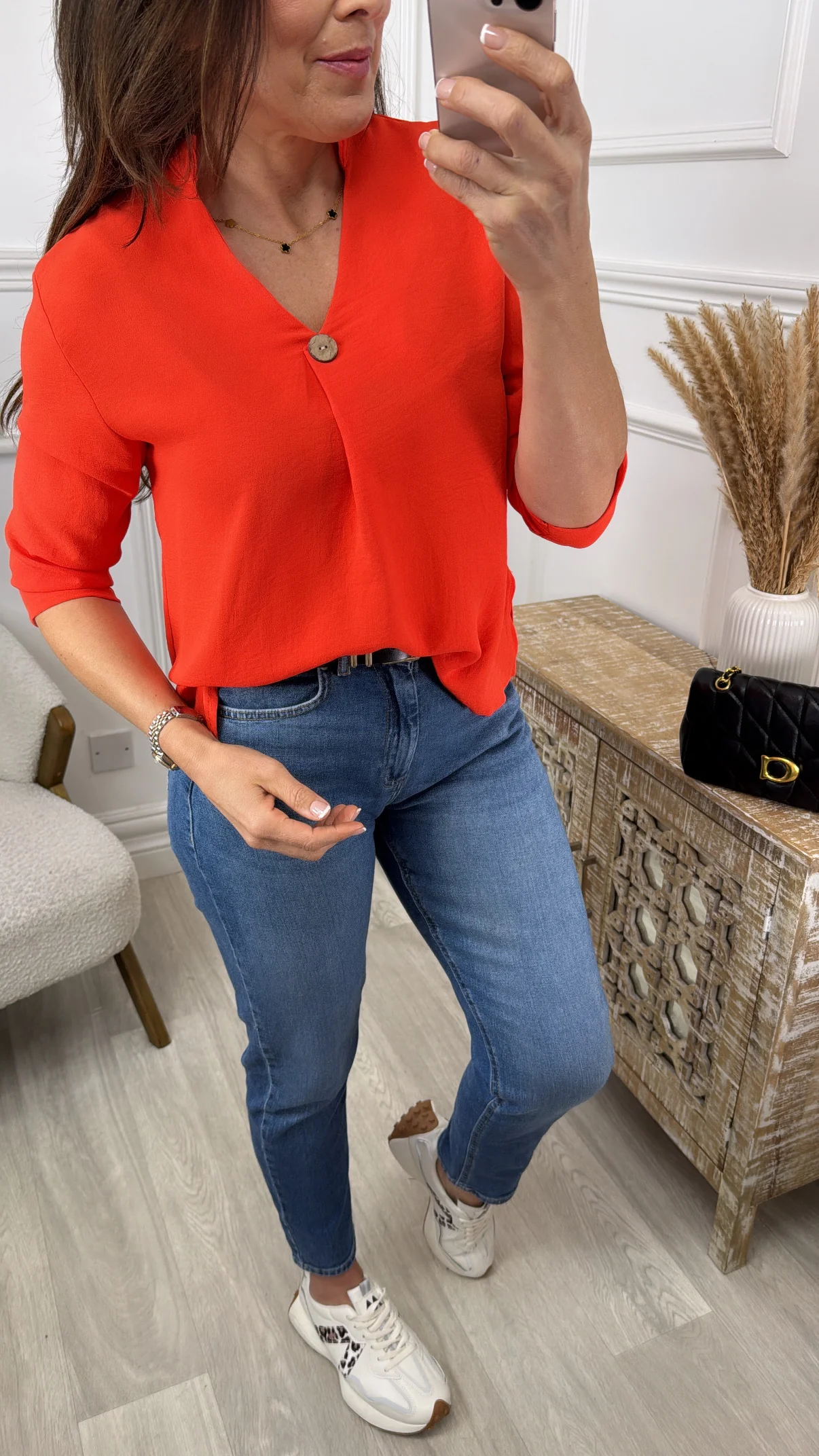 Marygold Orange Red Button Detail Top - Image 3