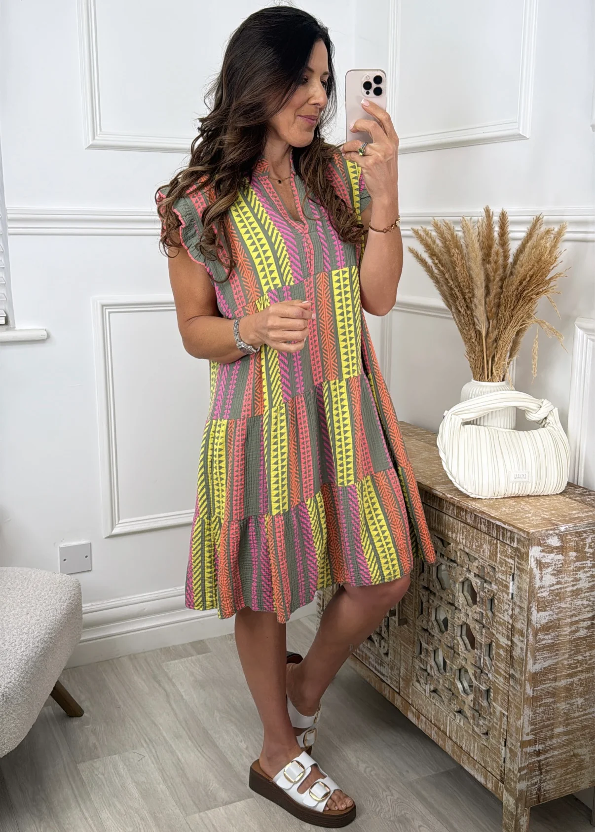 Maud Khaki Striped Smock Midi Dress - Image 4
