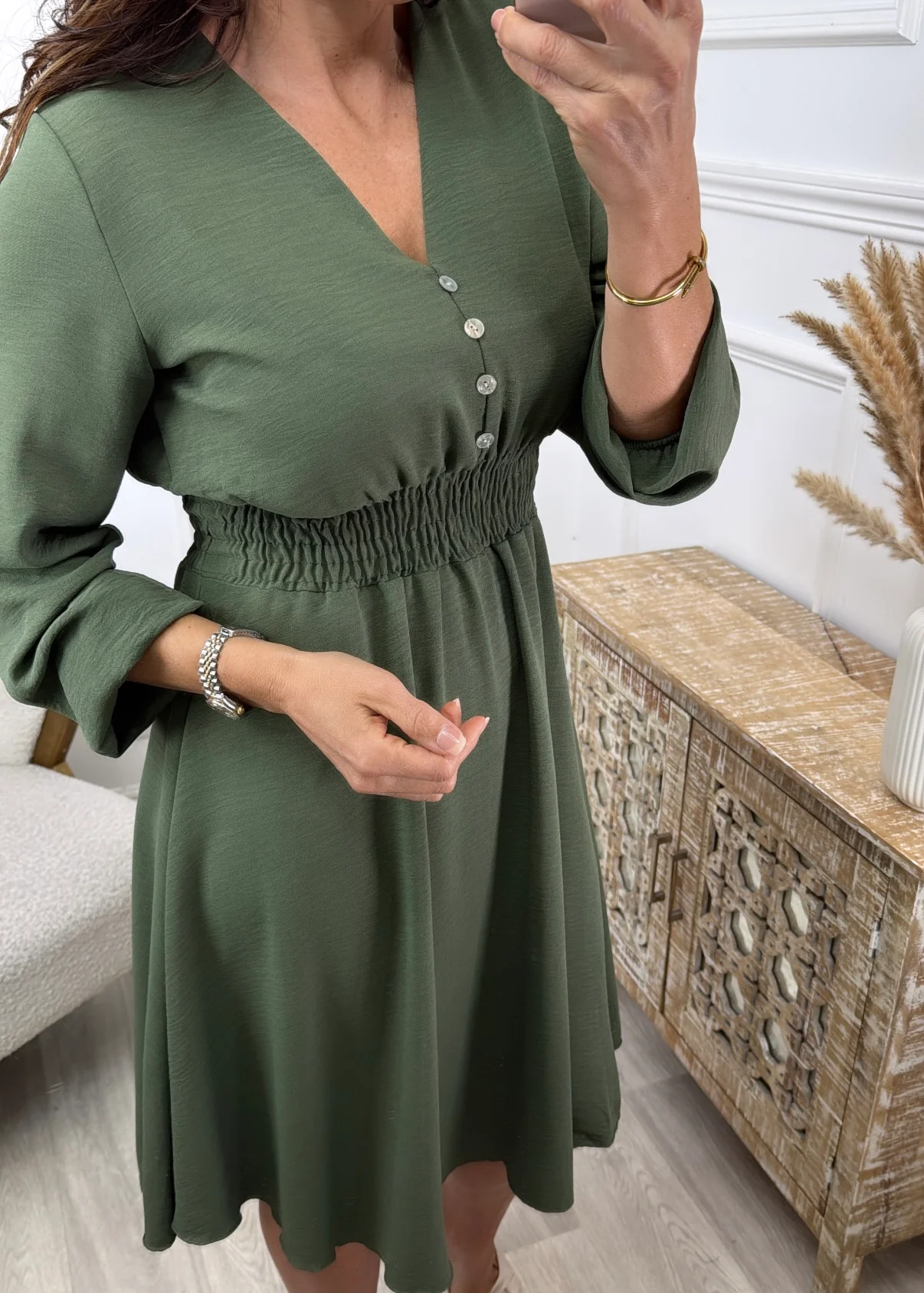 Melinda Khaki Shirred Waist Dress - Image 2