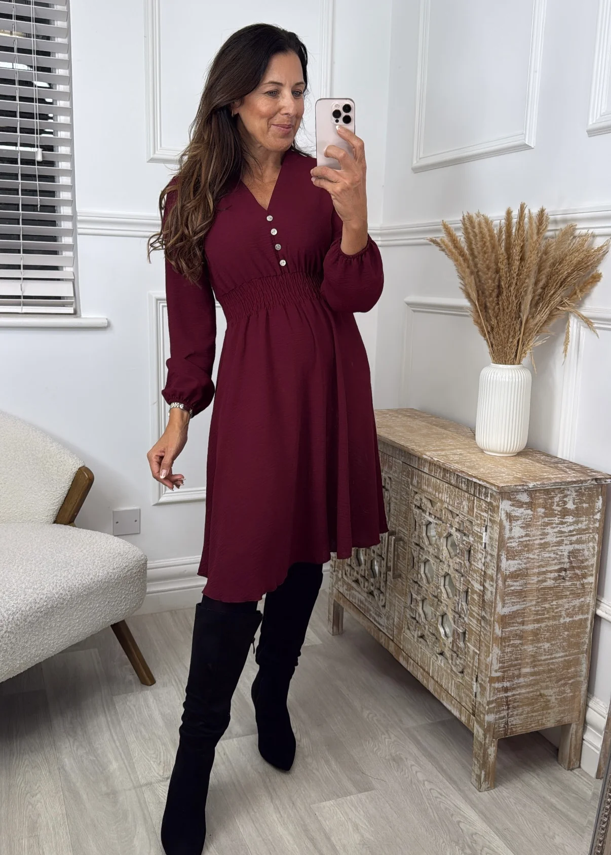 Melinda Wine Shirred Waist Dress - Image 6