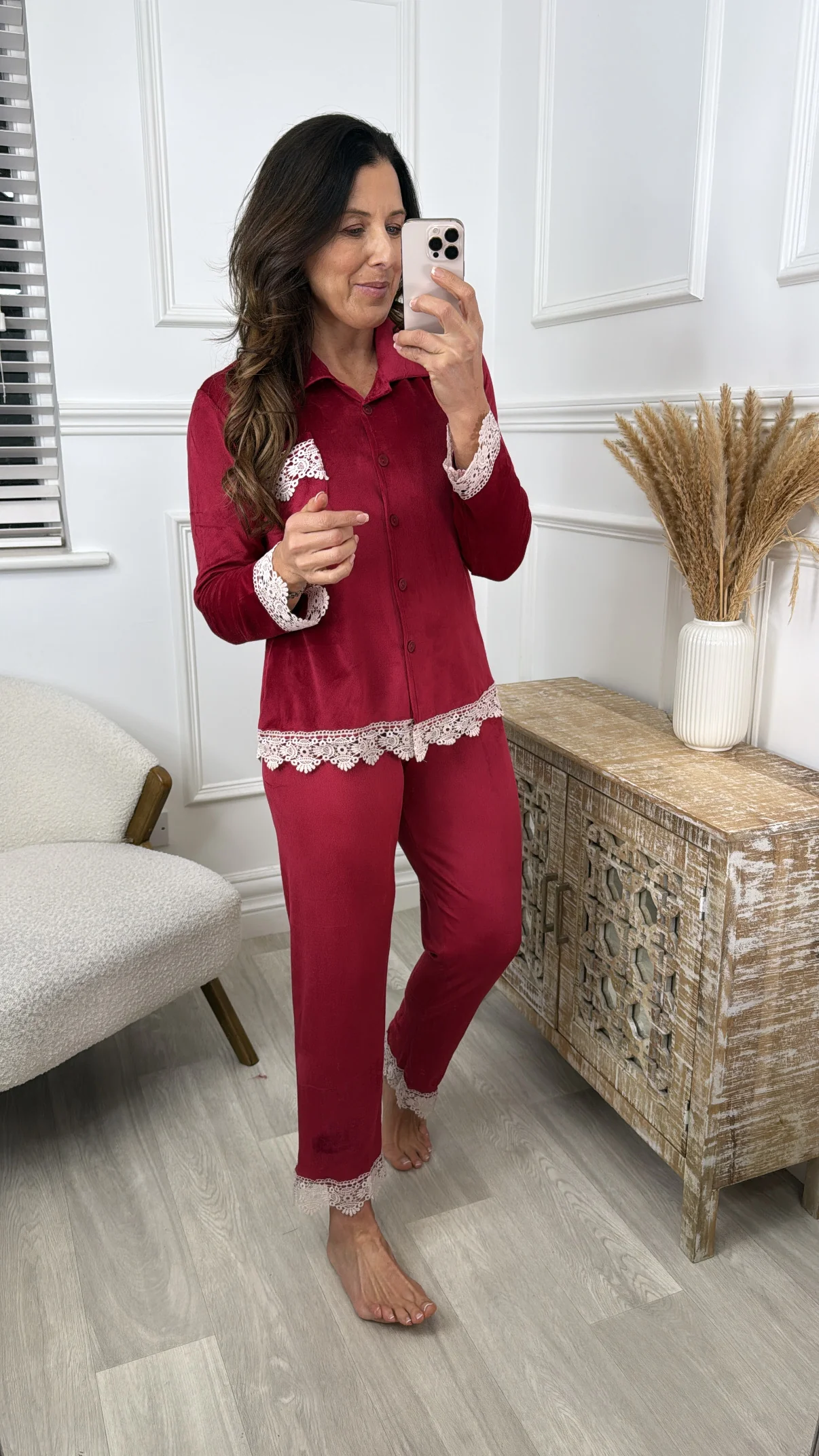 Meriah Wine Lace Detail Velour Pajama - Image 3