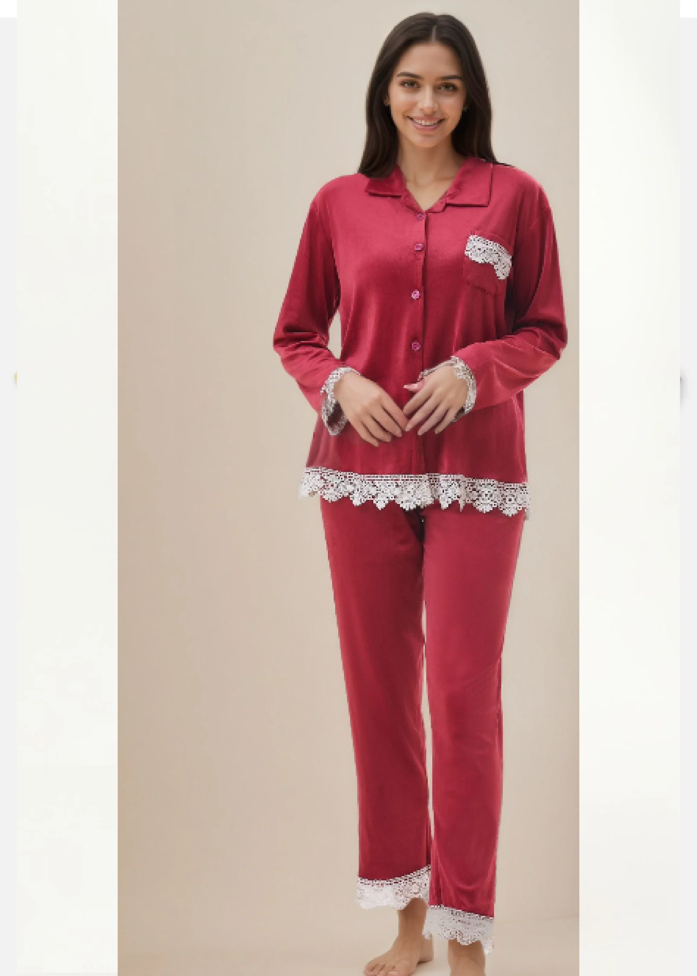 Meriah Wine Lace Detail Velour Pajama - Image 4