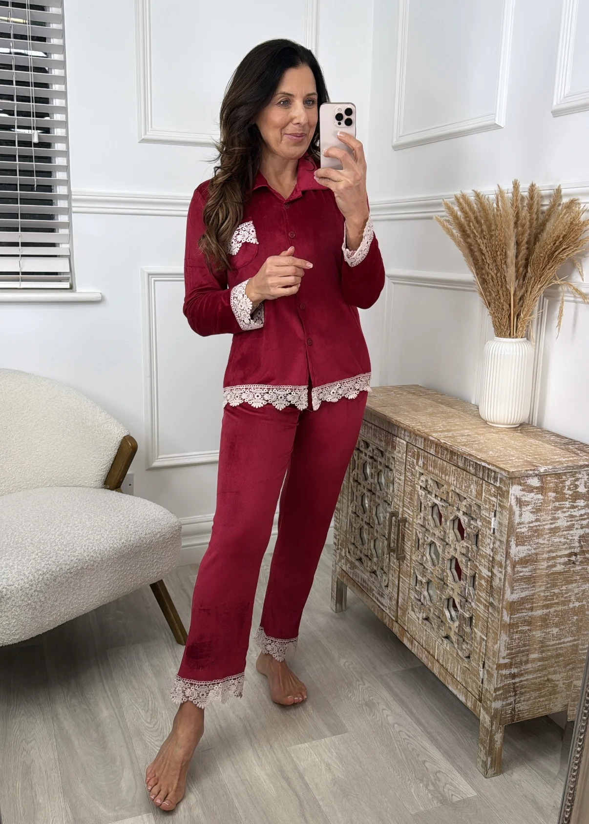 Meriah Wine Lace Detail Velour Pajama - Image 5