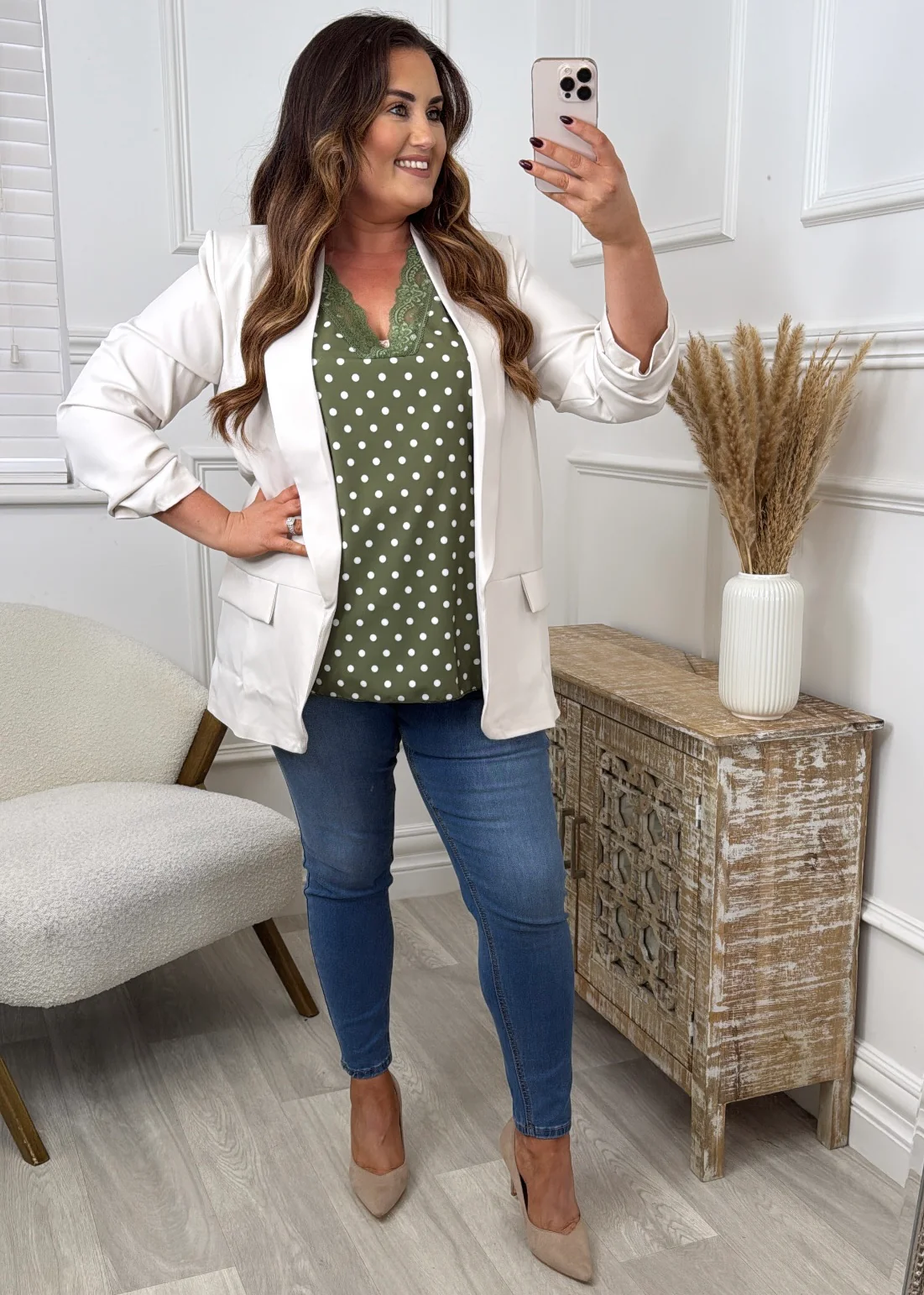 Merrill Beige Gathered Sleeve Blazer - Image 3