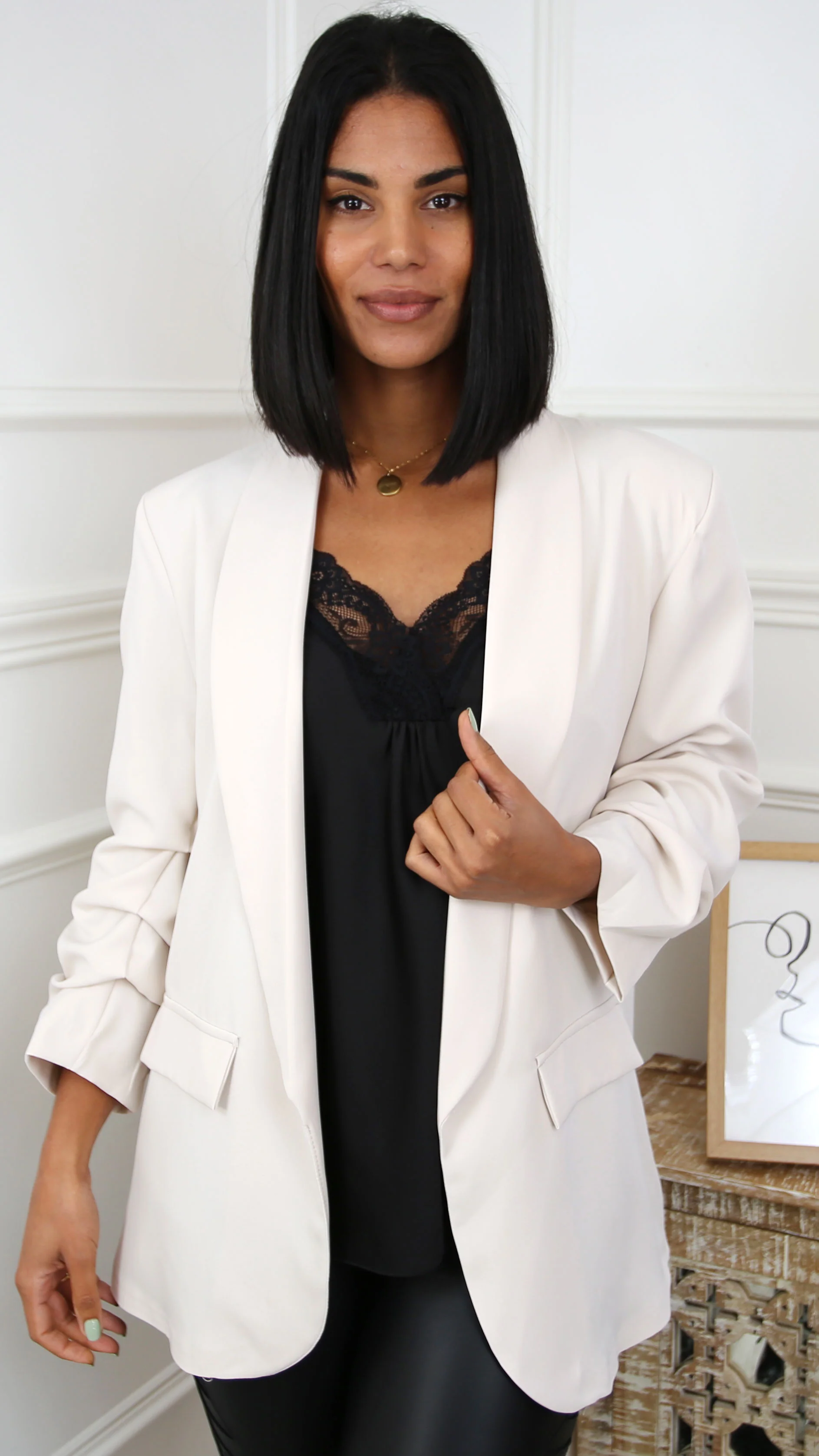 Merrill Beige Gathered Sleeve Blazer - Image 7