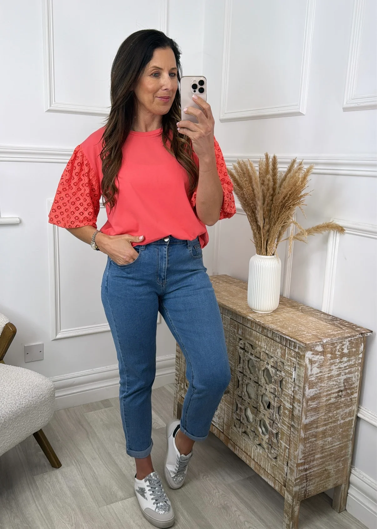 Millie Coral Broderie Sleeve Top