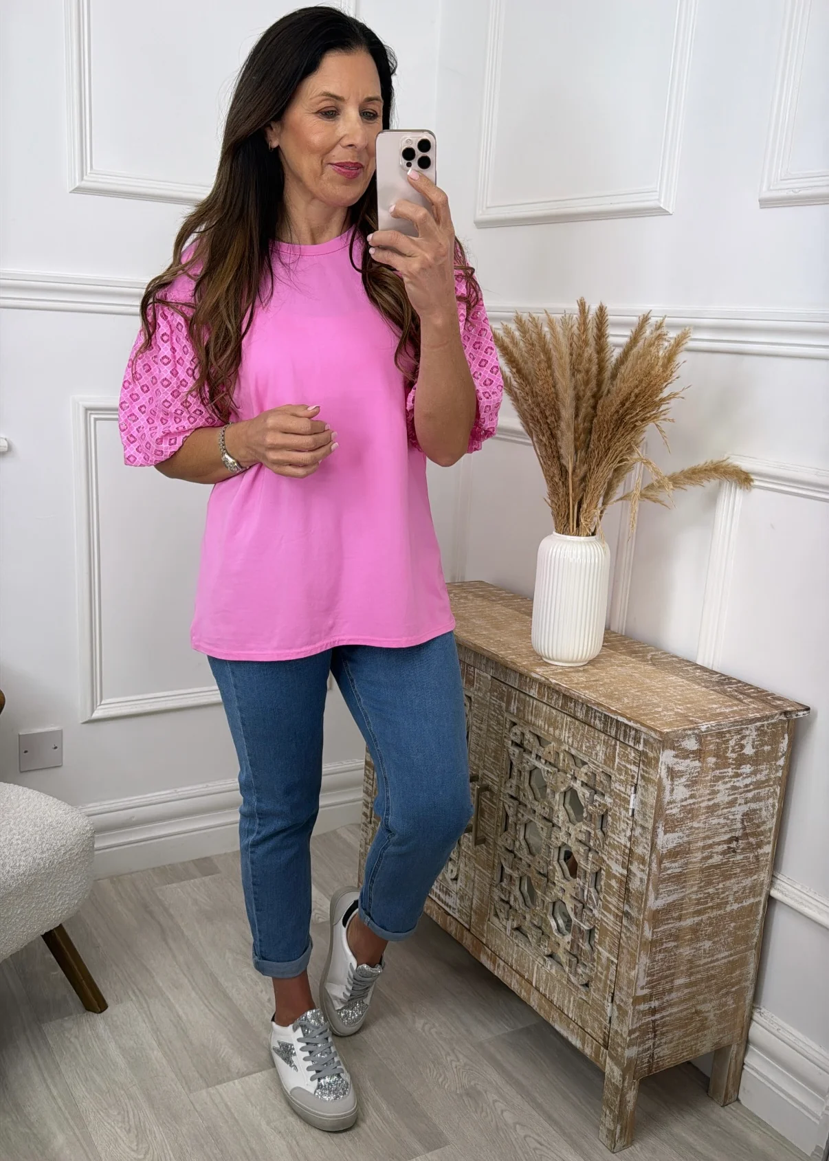 Millie Fuchsia Broderie Sleeve Top - Image 4